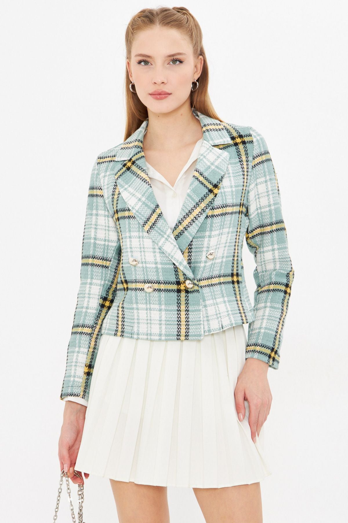 Female Green-Yally Cruve Collar Tüvit Crop Jacket ARM-24K001014