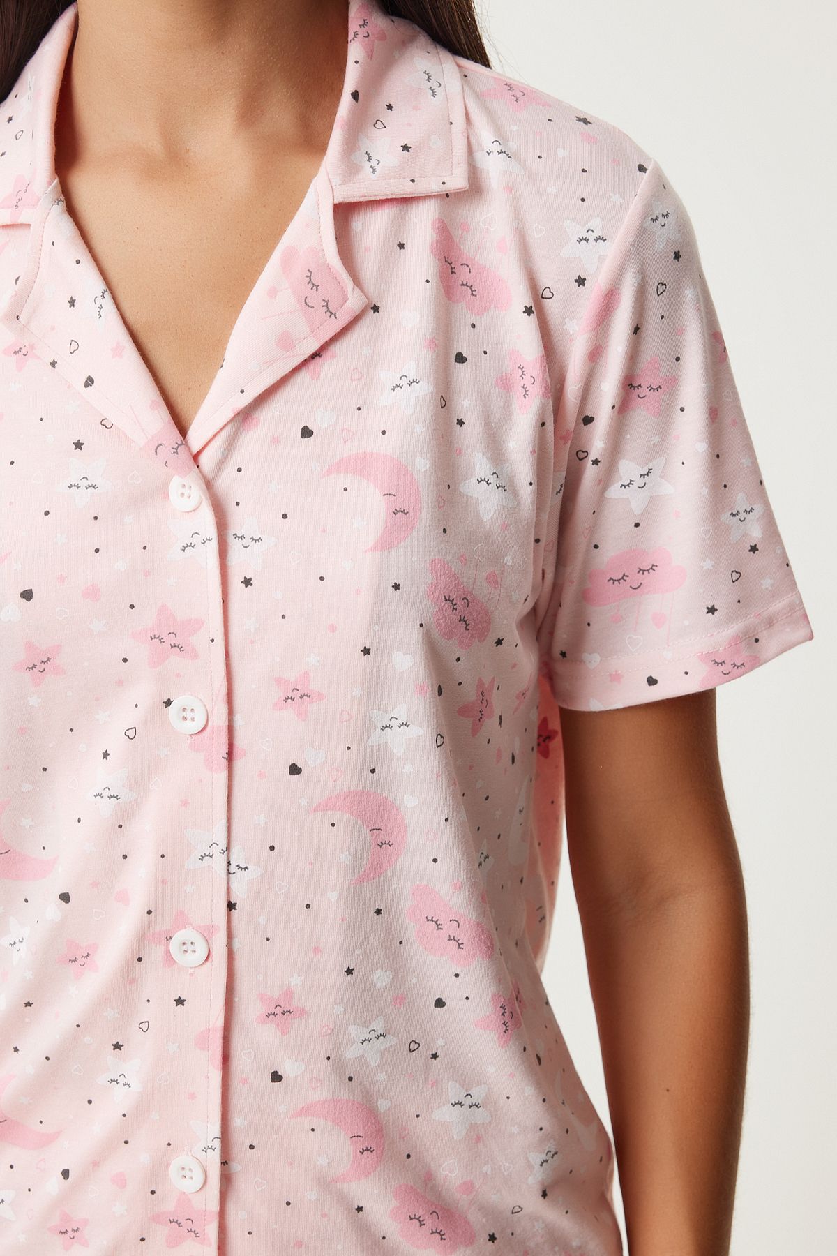 Woman Light Pink Patterned Viscose Shirt Shirt Pajama Set EC00044