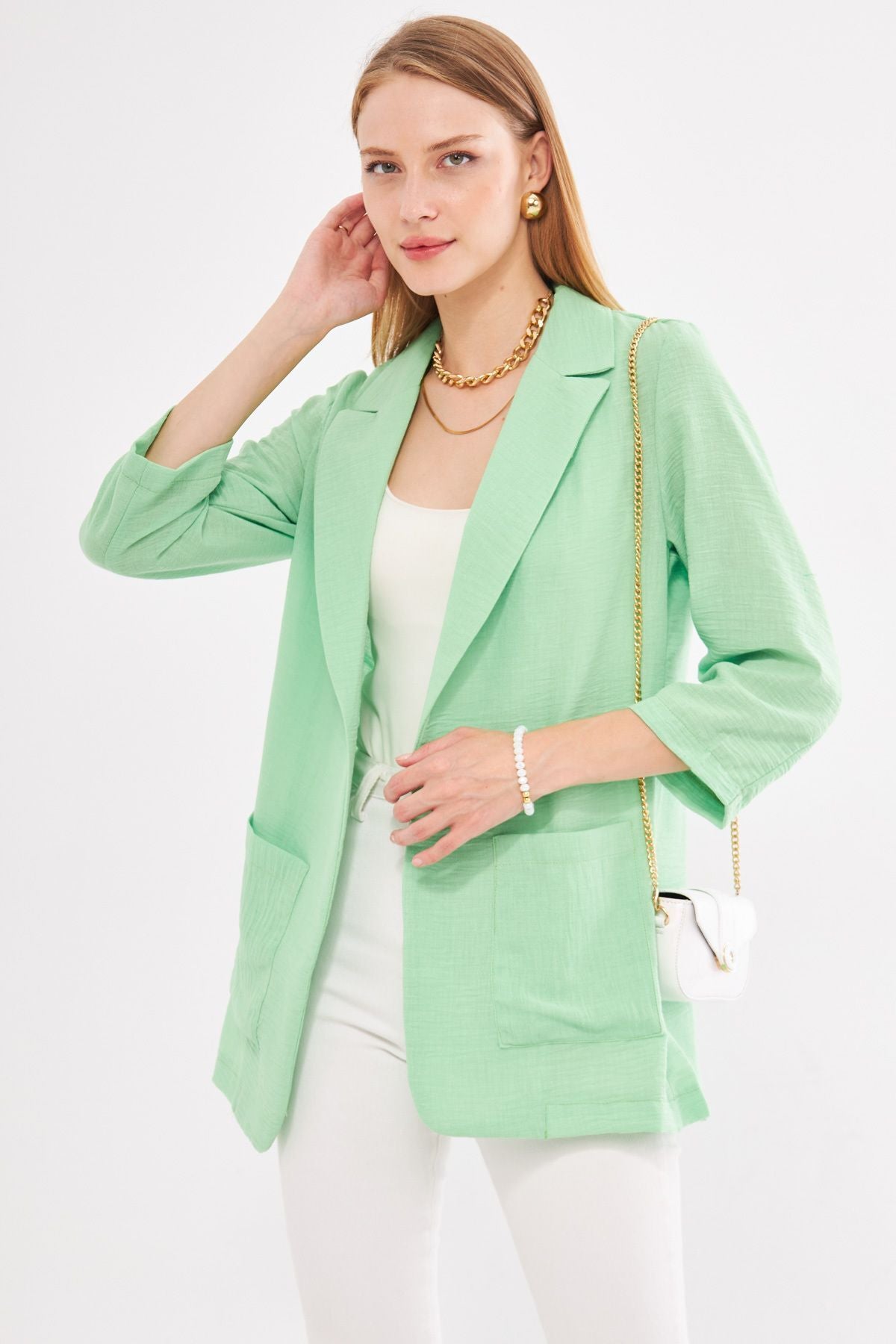 Female Neon Green Linen-Looking Pocket Oversize Jacket ARM-24Y001065