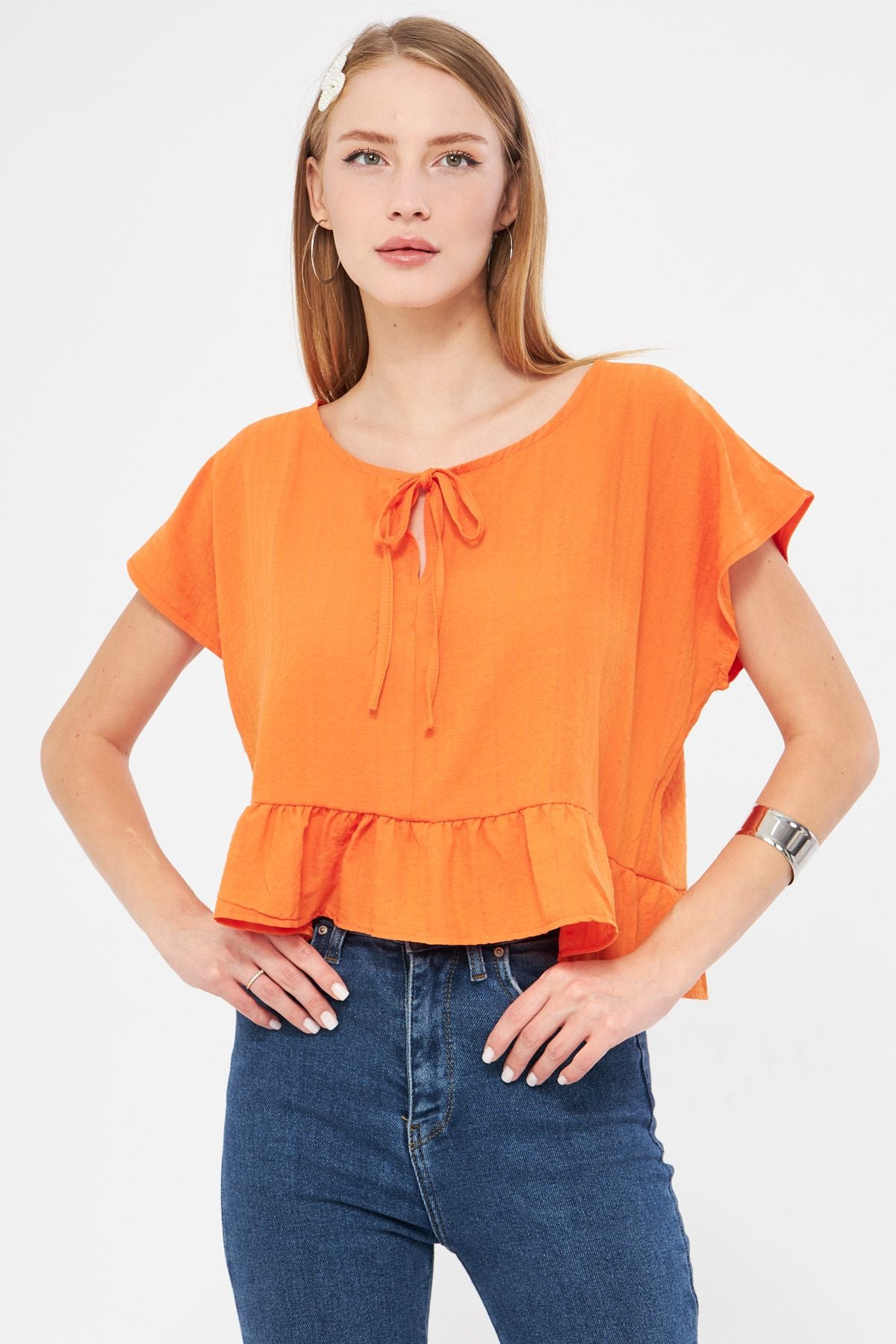 Women Orange Bat Arm collar connecting skirt frilly overwheeling Crop blouse ARM-24Y001088