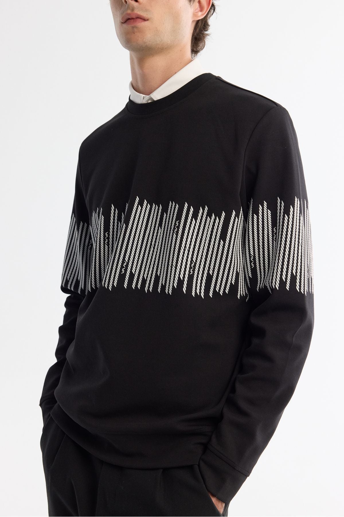 Men's black bike collar cotton striped sweatshirt B001203