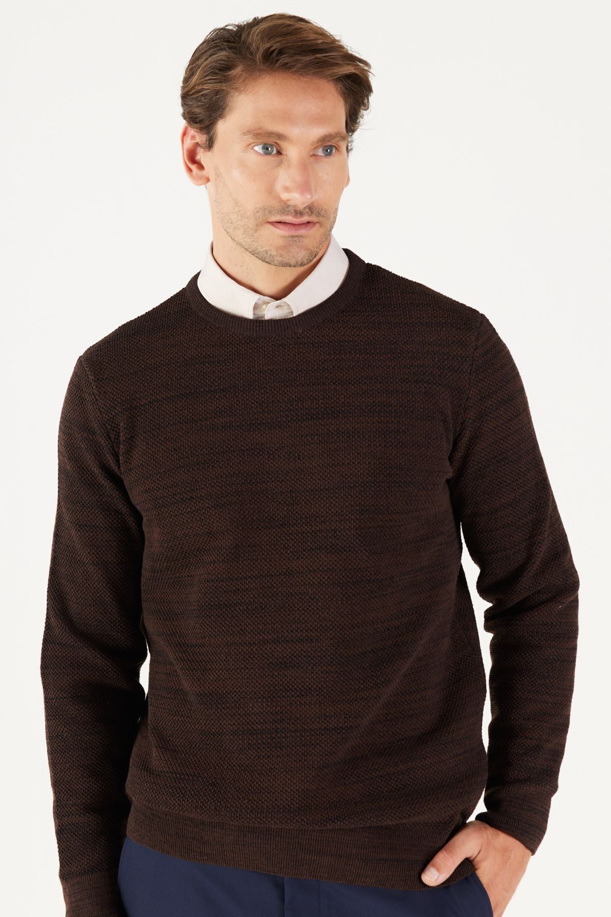 Men's Brown-Black Standard Fit Normal Cut Normal Cycling Bike Patterned Knitwear Sweater