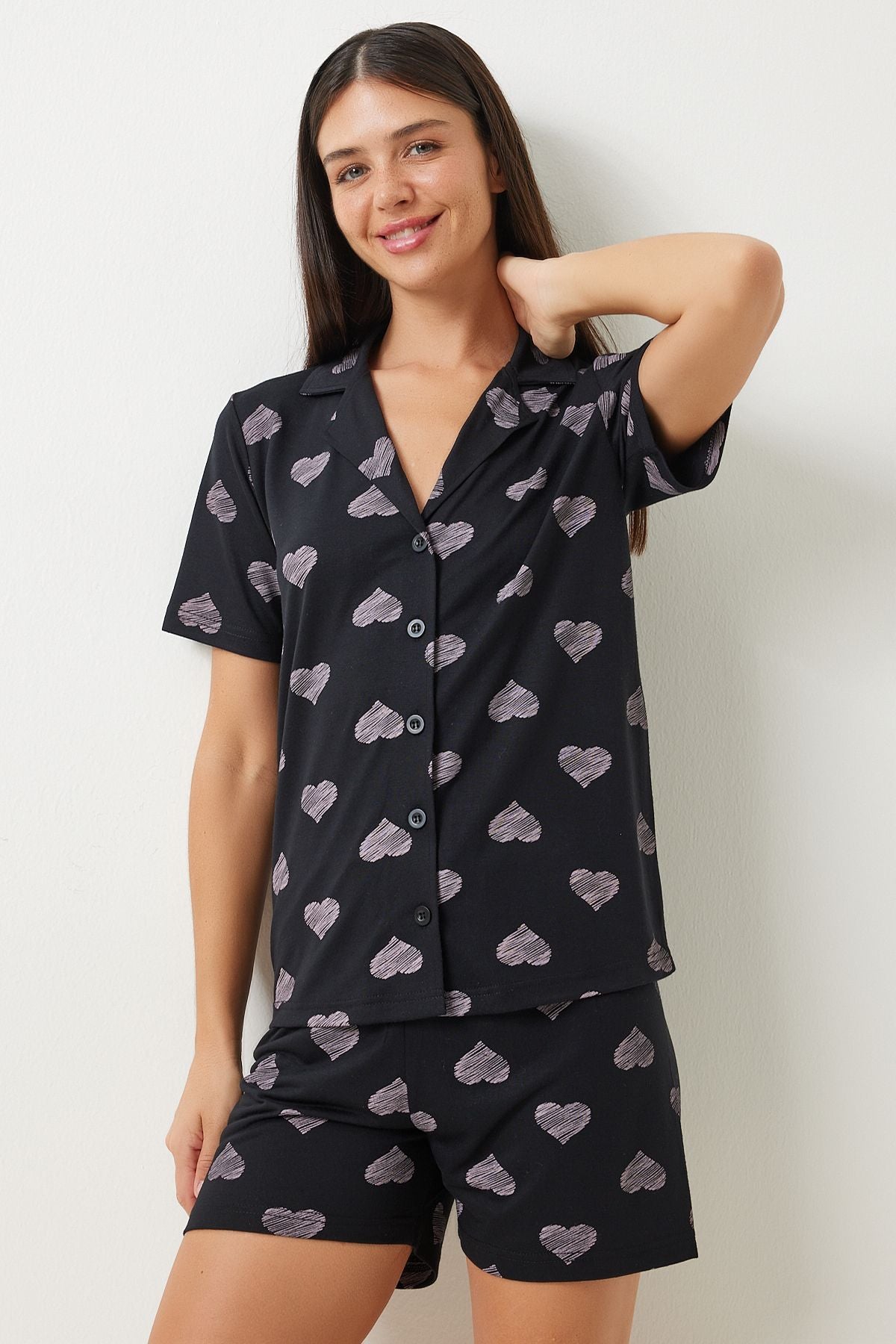 Female Black Heart Shirt Short Pajama Set EC00041