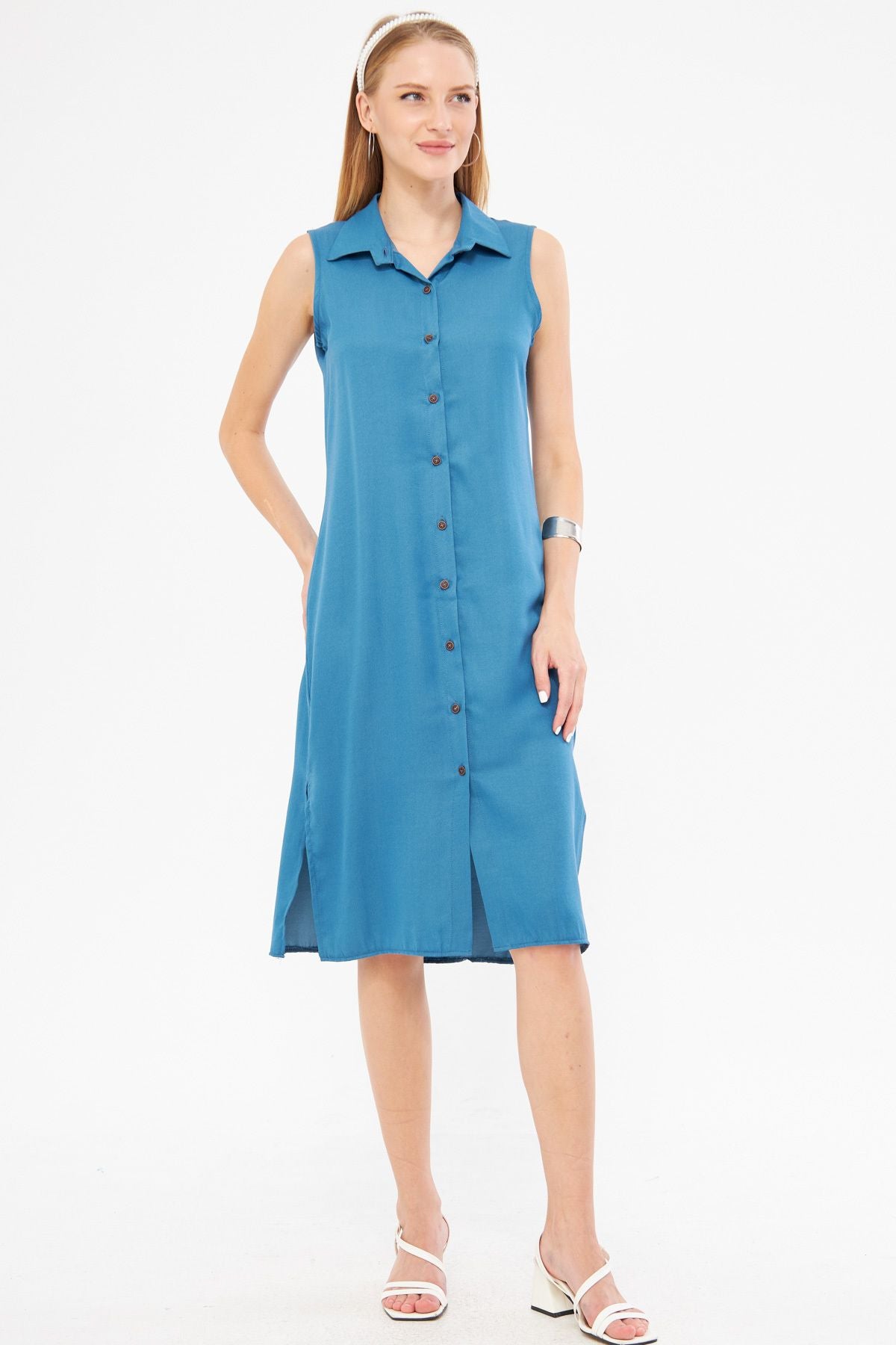 Women's indigo collar buttoned dress ARM-17Y00028