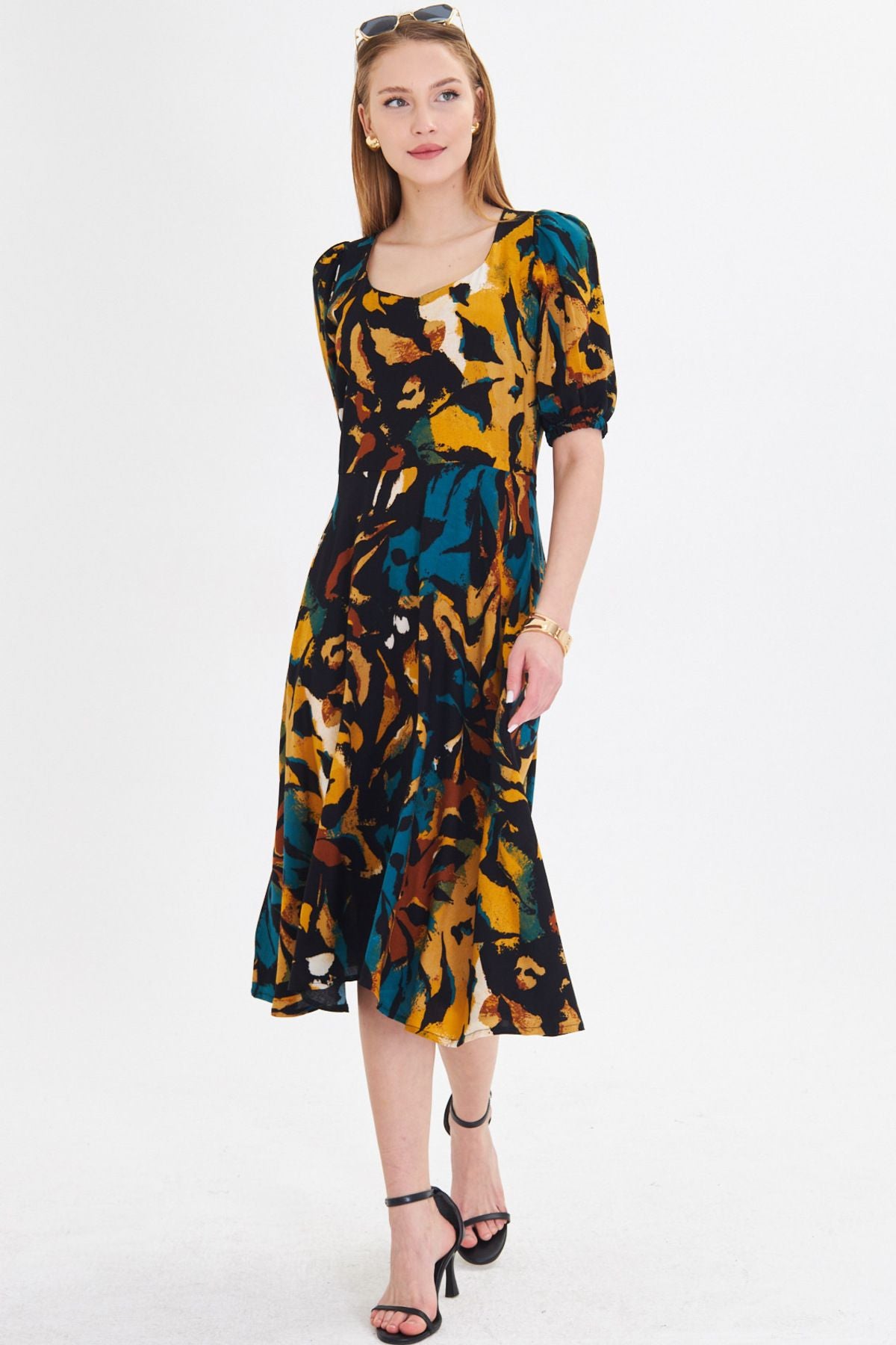 Female mustard u collar arms with rubber midi height height dress ARM-25Y001004