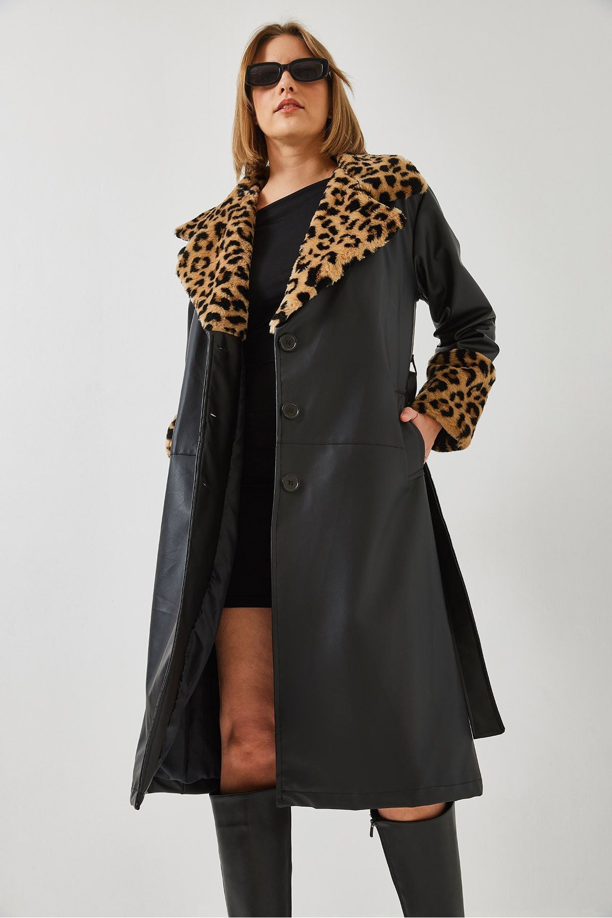 Women's collar and arms leopard fur leather trench coat 3103 60351269