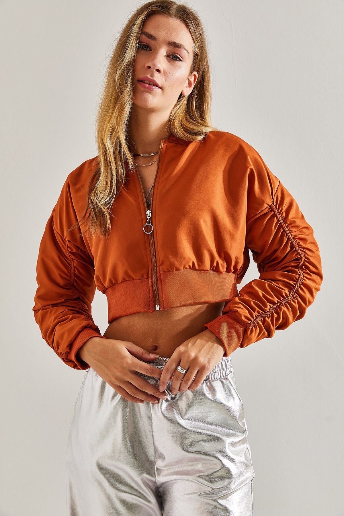 Female arm shirred bomber jacket