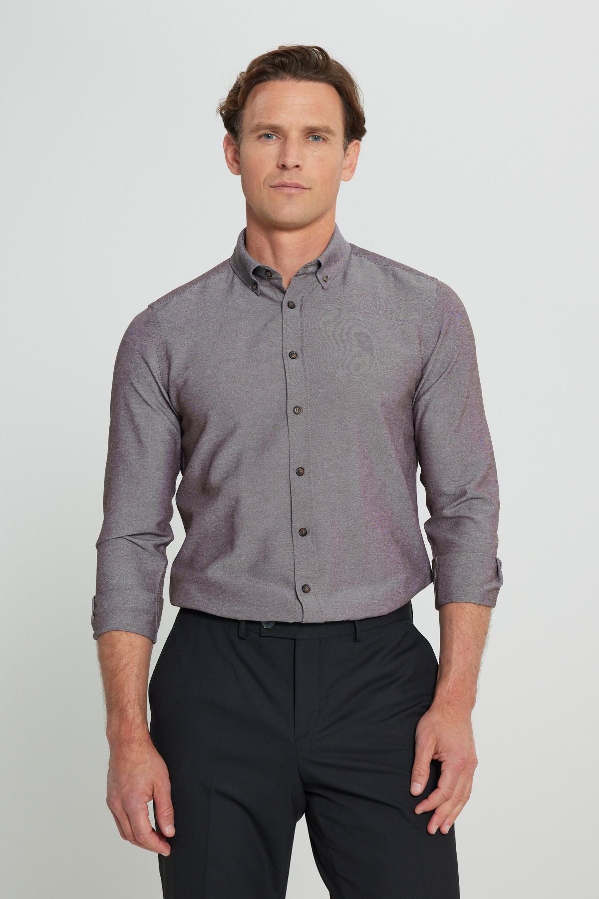 Men's Oxford Brown button collar easily ironed cotton slim fit narrow cut shirt