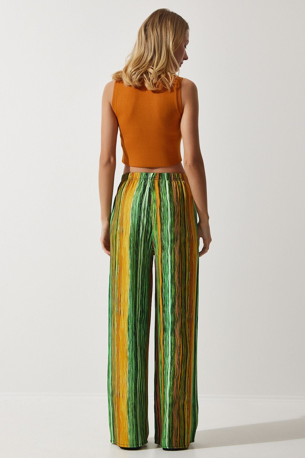 Female Green Yellow Patterned Viscose Palazzo Pants EN00606