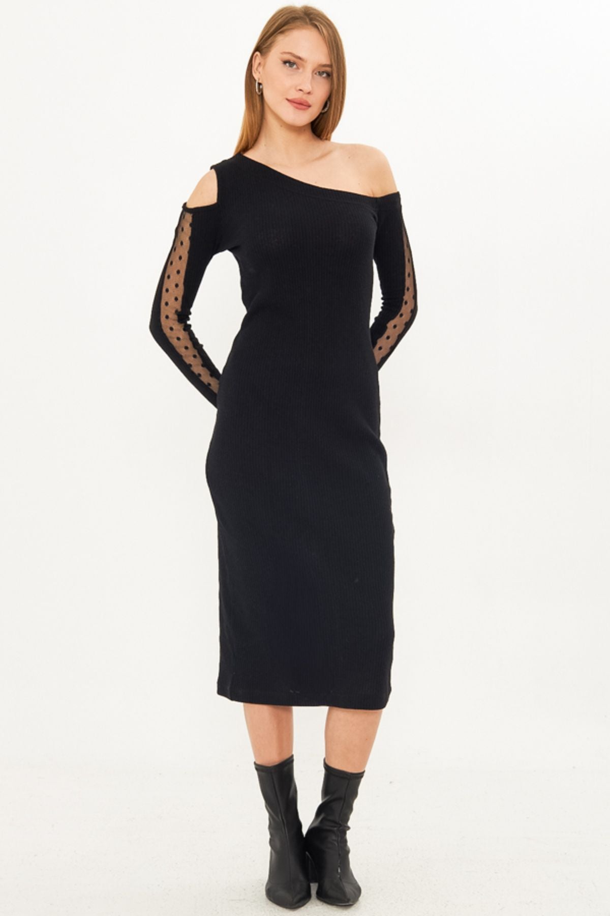Female black asymmetrical collar arm tulle slits with midi size dress ARM-25K001081