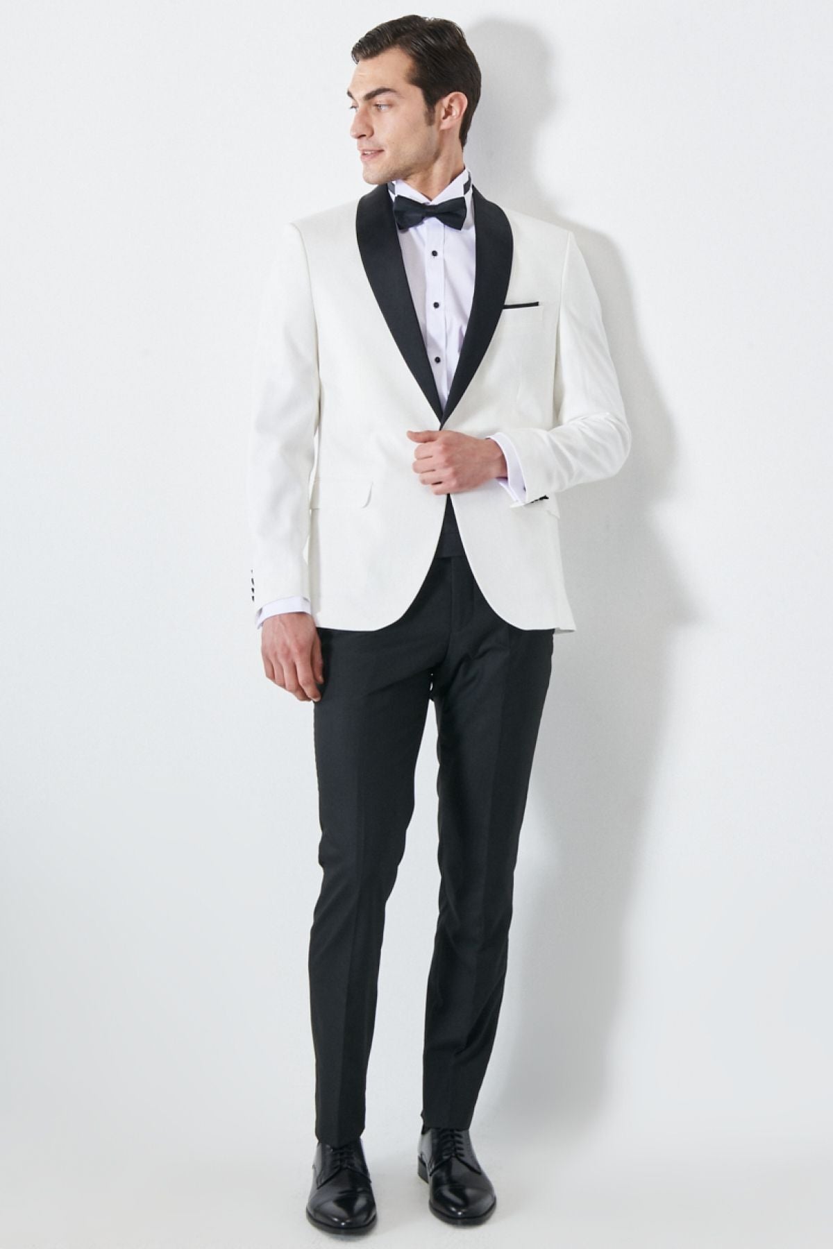 Men's white-black slim fit narrow cut shawl collar pattern classic tuxedo set