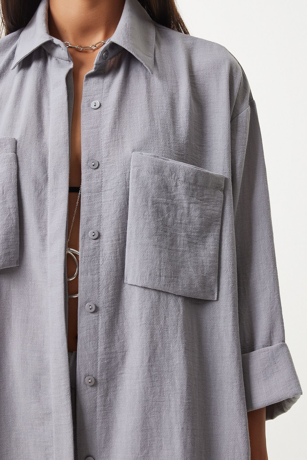 Women's gray wide pocket linen mixed shirt pants set FN03205