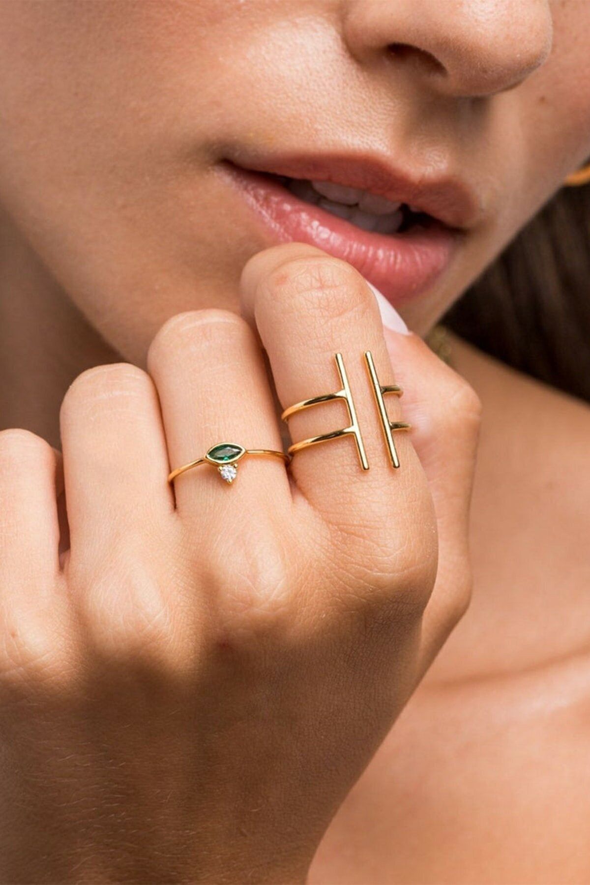 Green Emerald Stone 14 K Rose Gold Plated Adjustable Women Ring