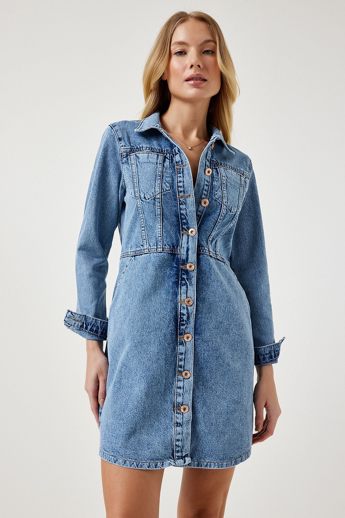 Woman Light Blue Pocket Mini Denim Dress RV00165