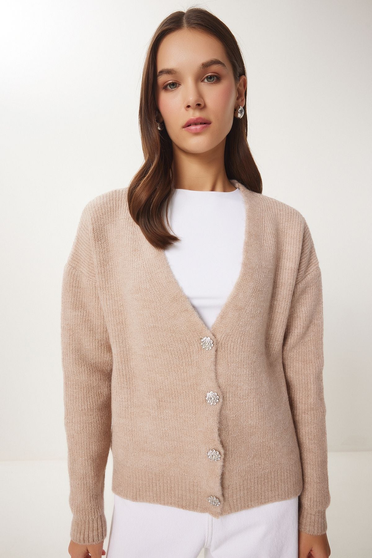 Woman beige stylish button knitwear cardigan mx00114