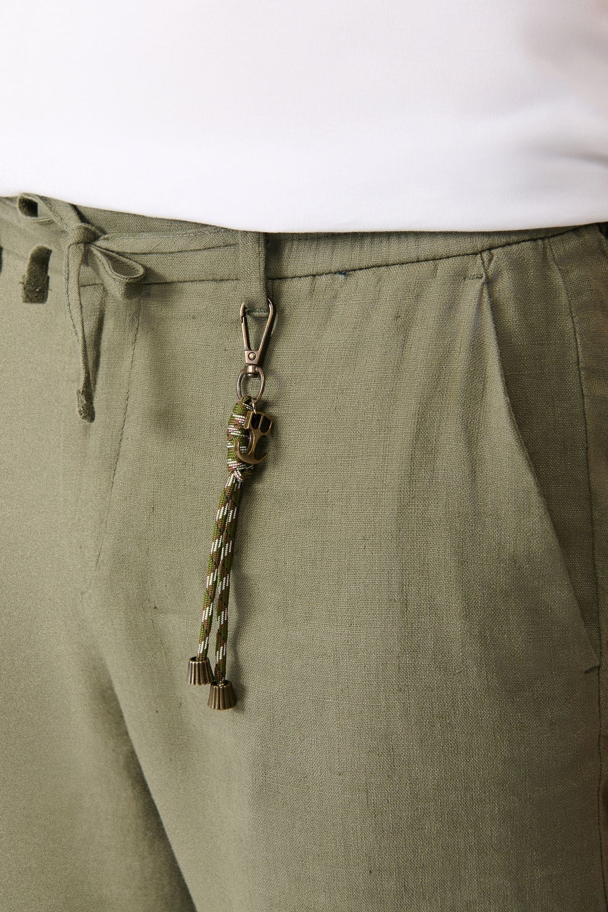 Men's Khaki Waist Waist Tire 100 %Linen Pants B003032