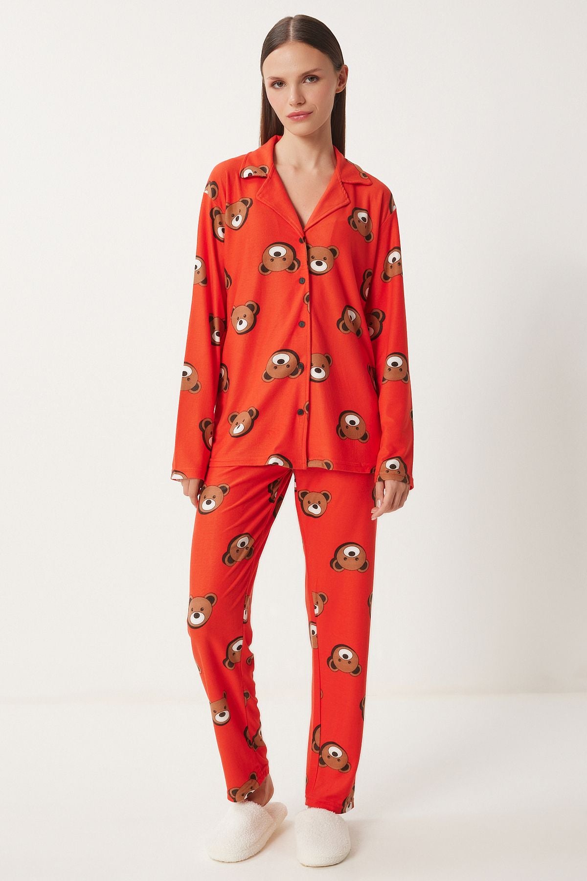 Woman Red Patterned Velvet Textured Knitting Pajama Set FP00008
