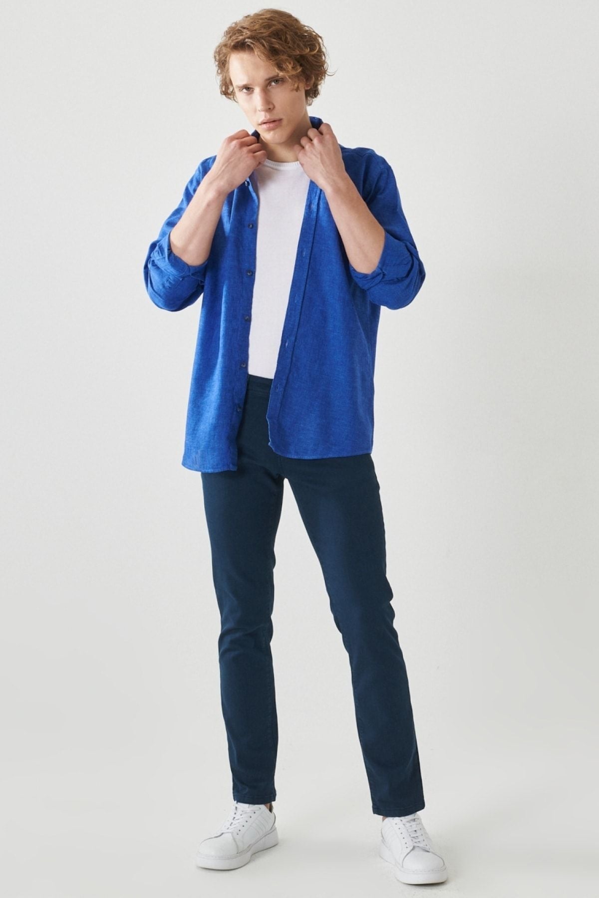 Men's navy blue 360 degrees stretching in all directions slim fit narrow cut cotton cotton pants