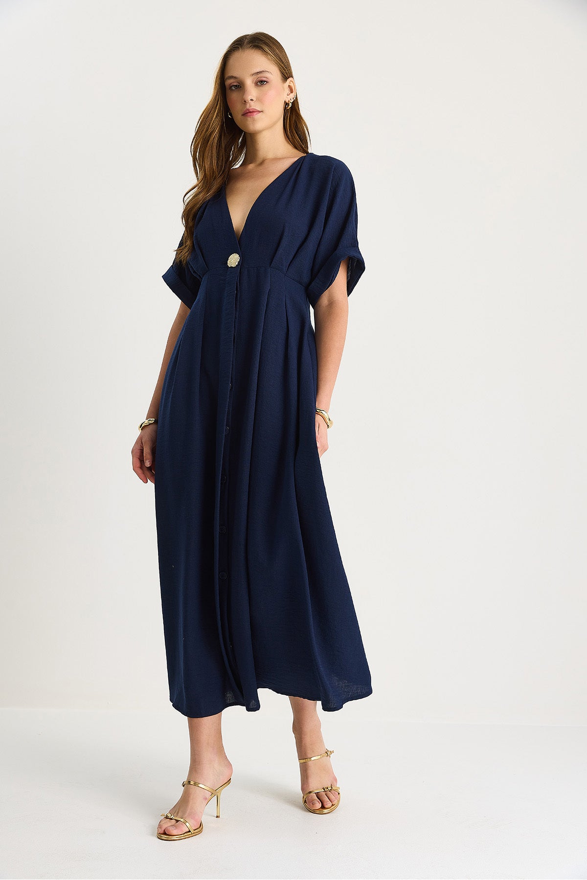 Women's V-Neck Gold Button Detailed Linen Dress 5266 60281107