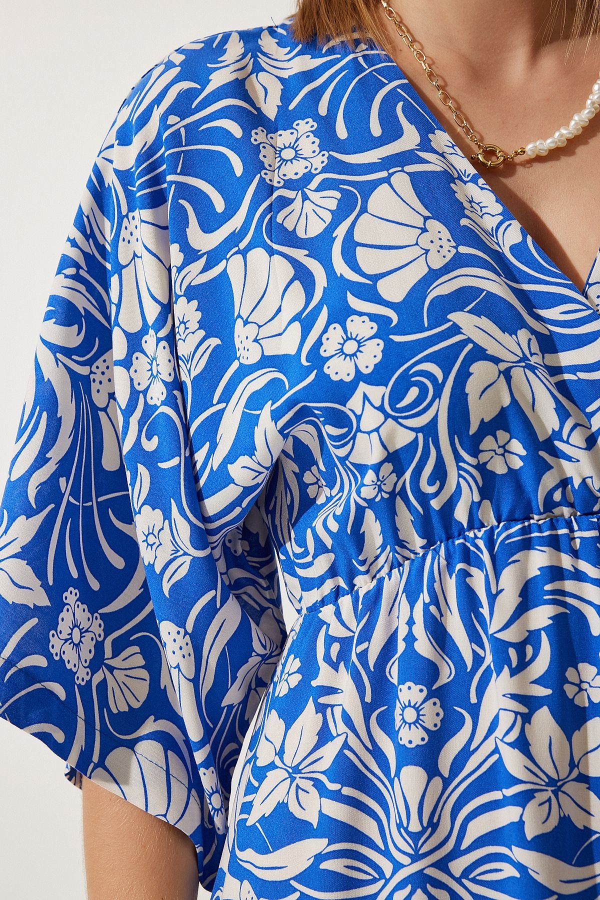 Woman Blue White Anvelop Yaka Patterned Summer Viscose Dress DK00166