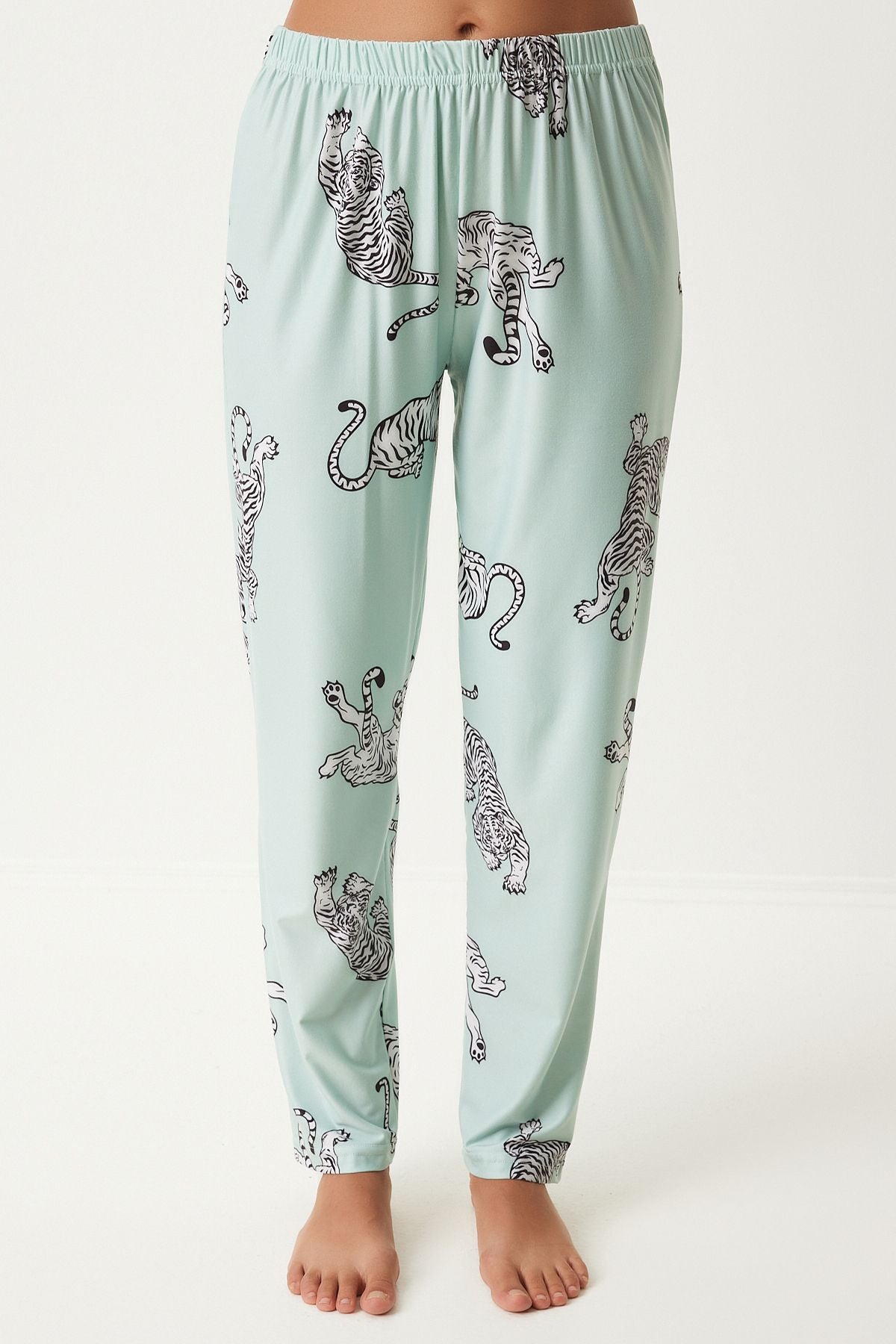 WOMEN'S WATER GREEN PATTERN PATTERNED Pants Knitting Pajama Set FP00006