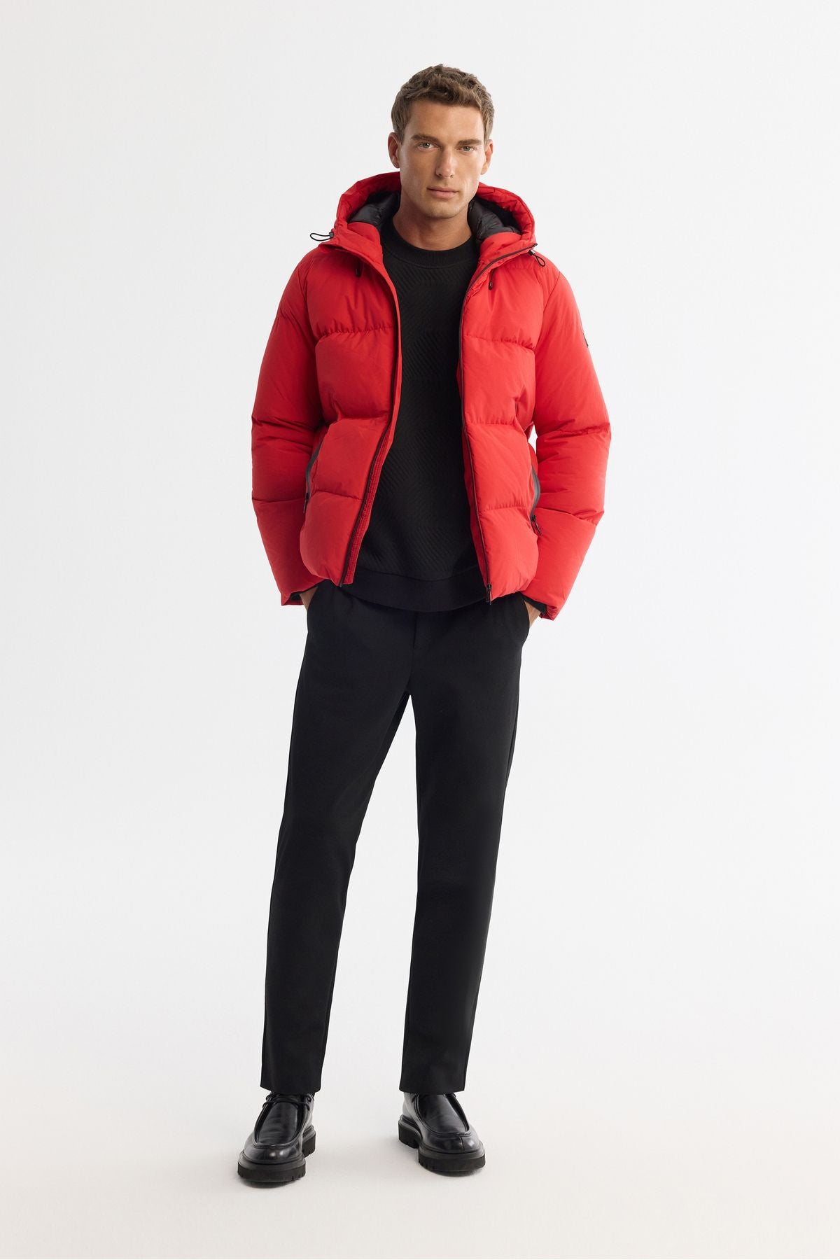 Men's red hooded collar fiber filling swelling coat B006046