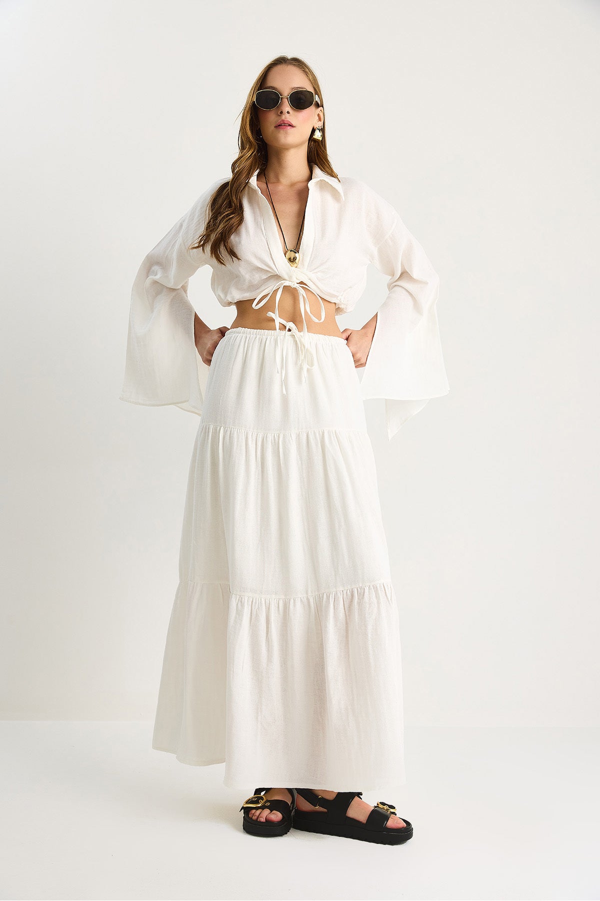 Women's Tie Detailed Slit Wide Sleeve Blouse Lined Long Skirt Suit DT251007 60283497