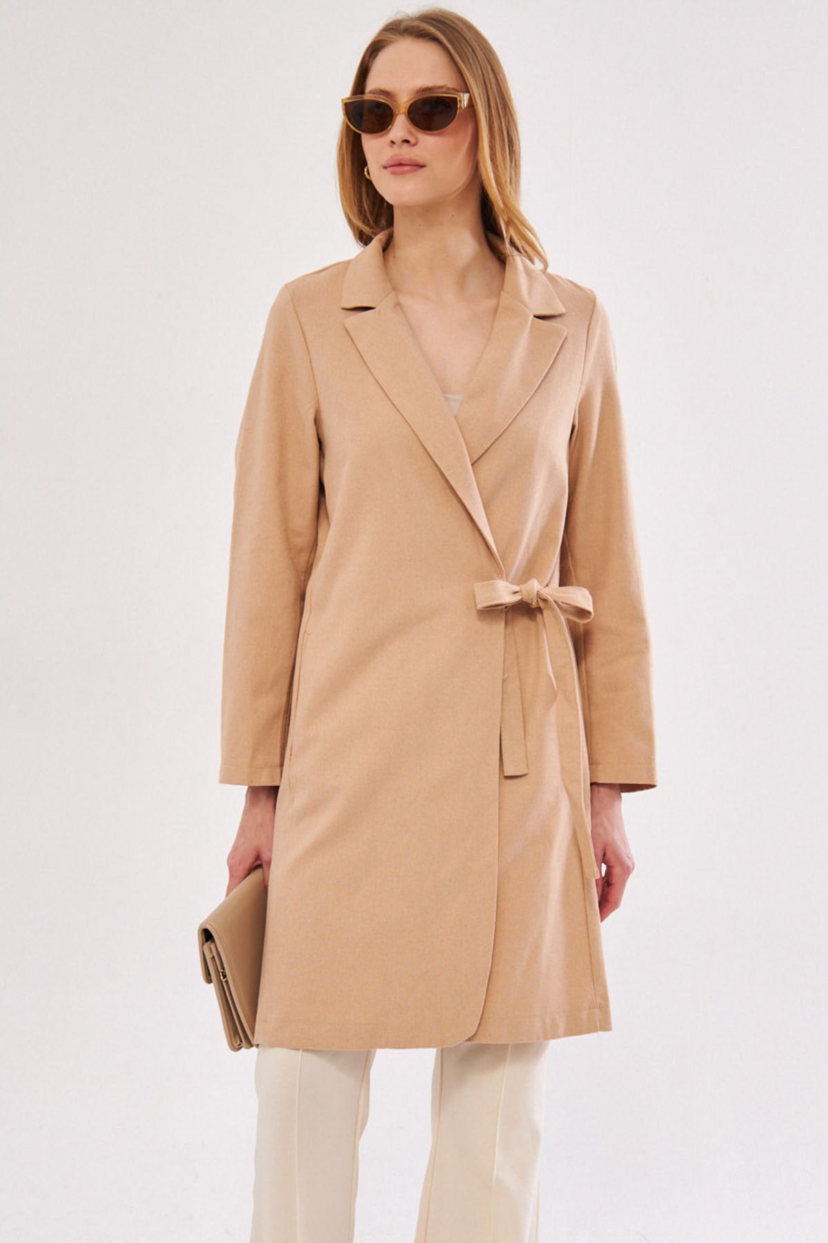 Female Beige Side Ties Long Coat ARM-24Y001019