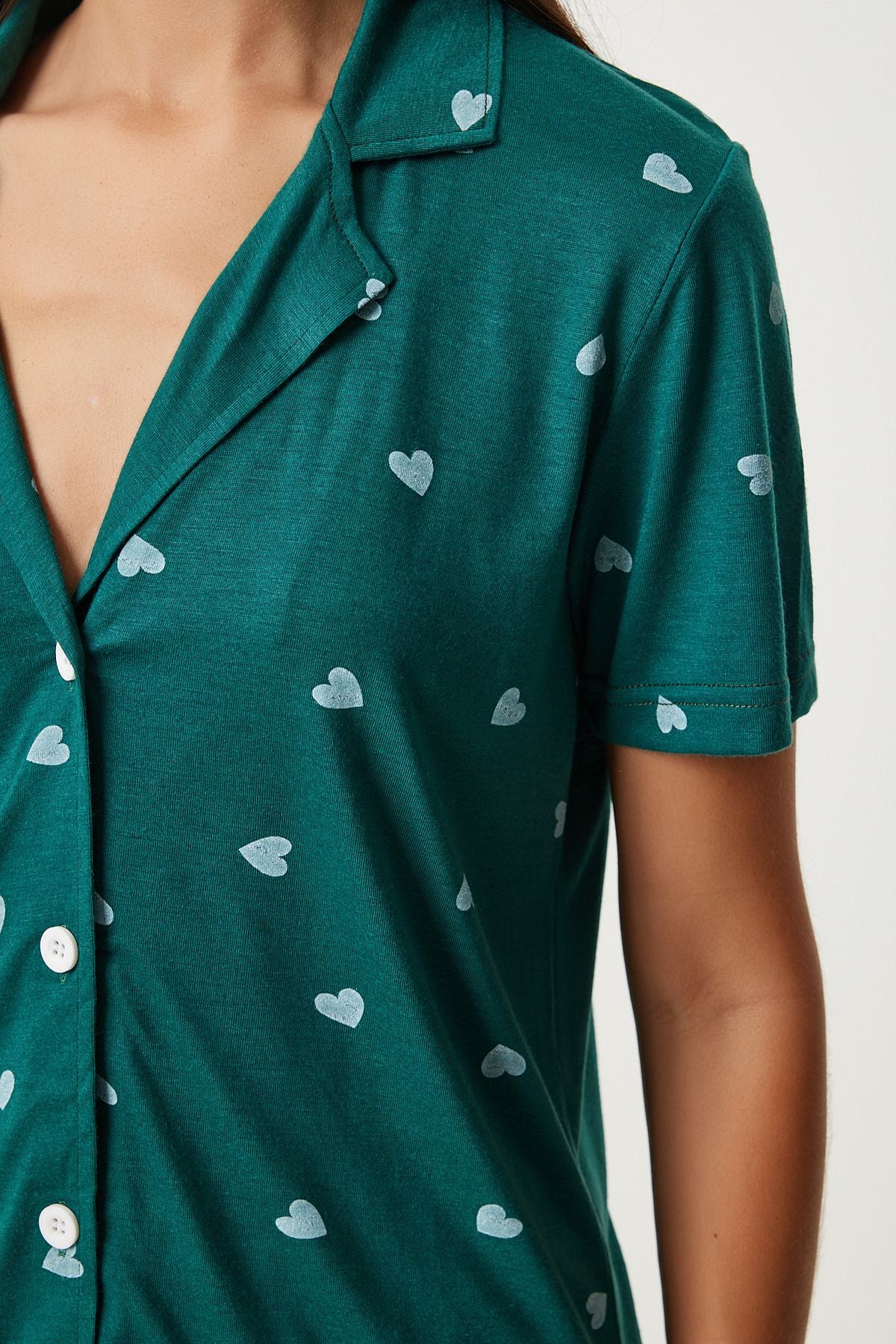 Female Dark Green Heart Viscose Shirt Shirt Pajama Set EC00035