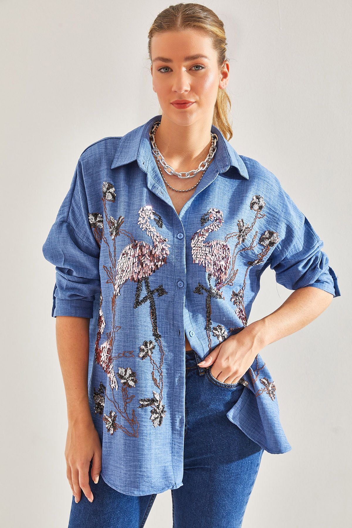 Female Flamingo Stamp Embroidered Sofia Keten Shirt 60181012
