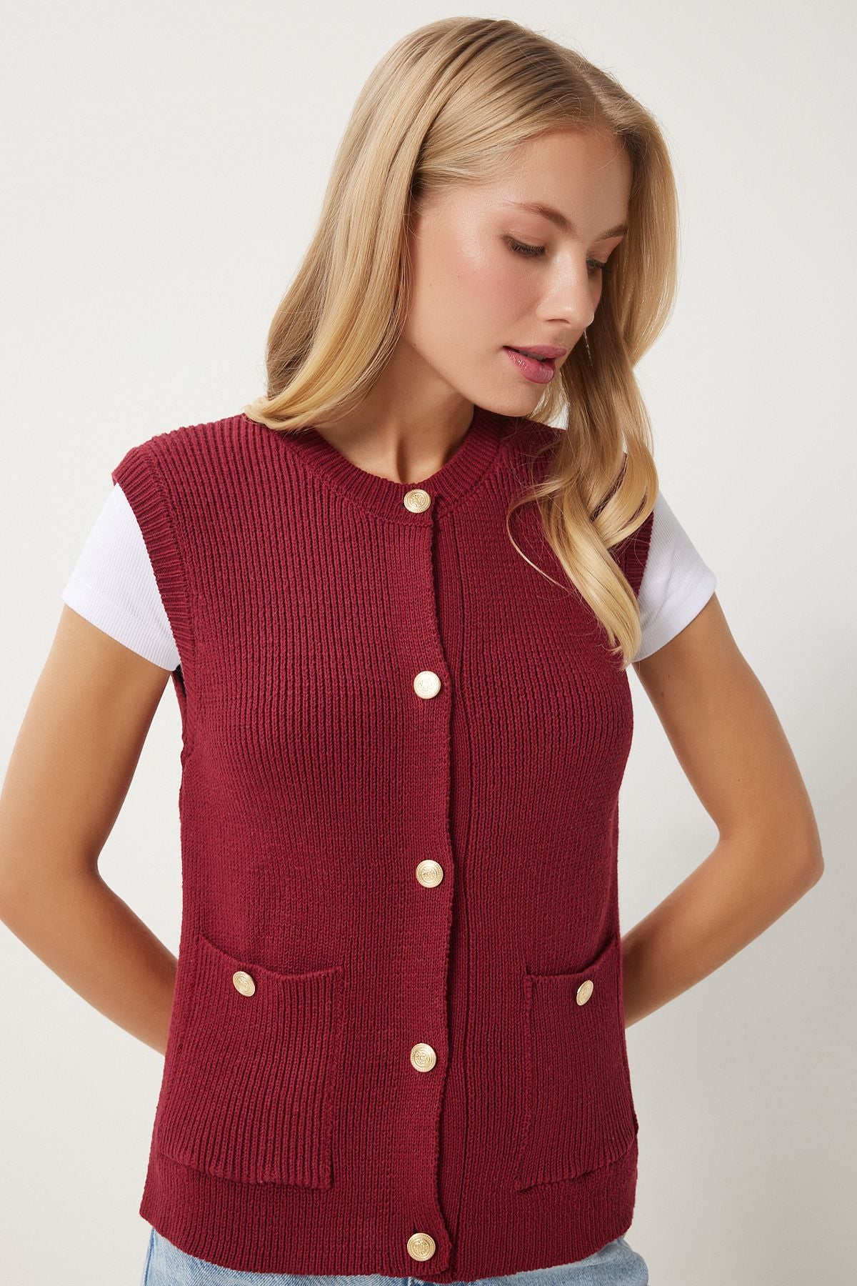 Women's Bordeaux Stylish Button Pocket Triko Vest US00948