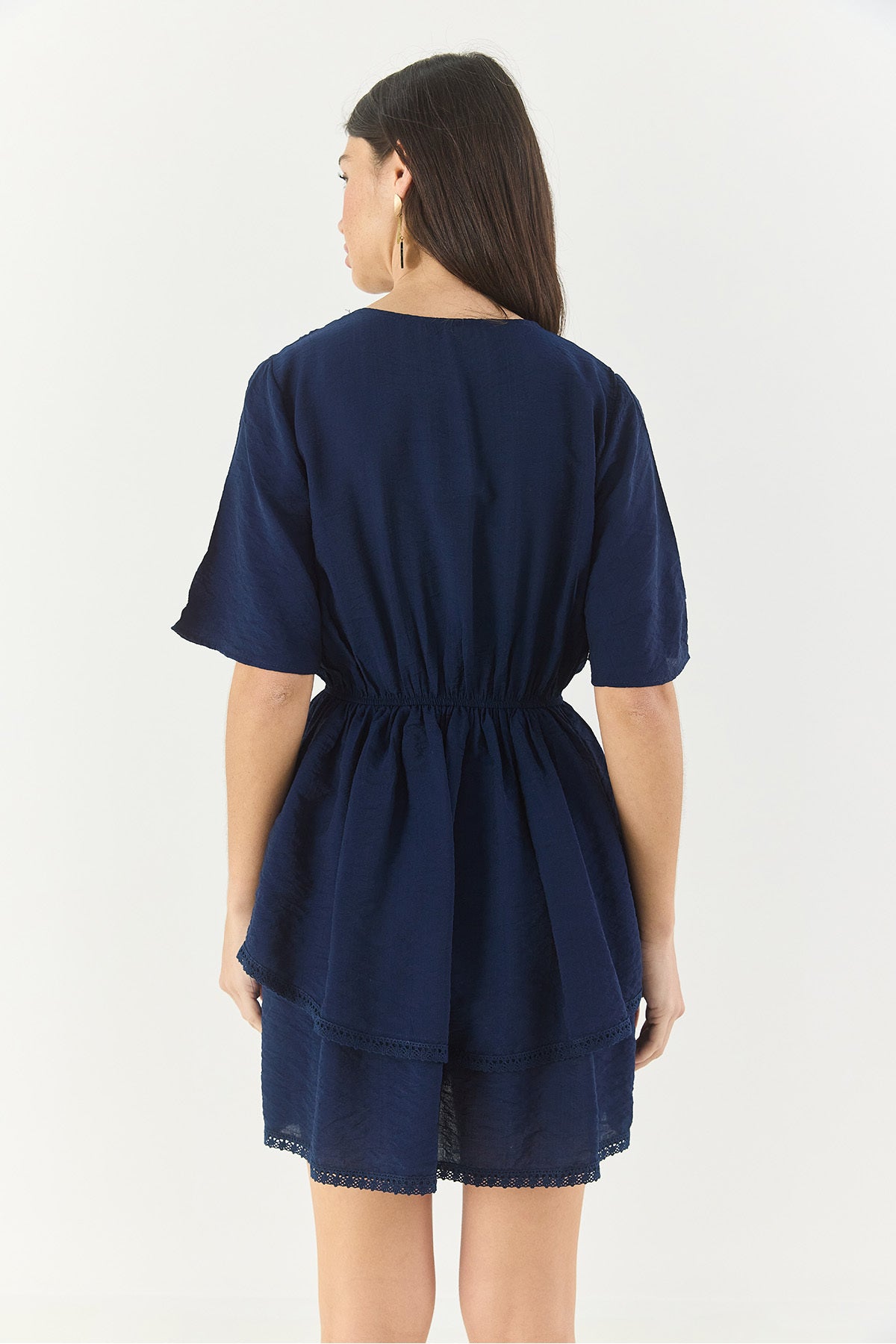 Women's V-Neck Guipure Detailed Elastic Waist Skirt Layered Viscose Summer Mini Dress 3014 60283254