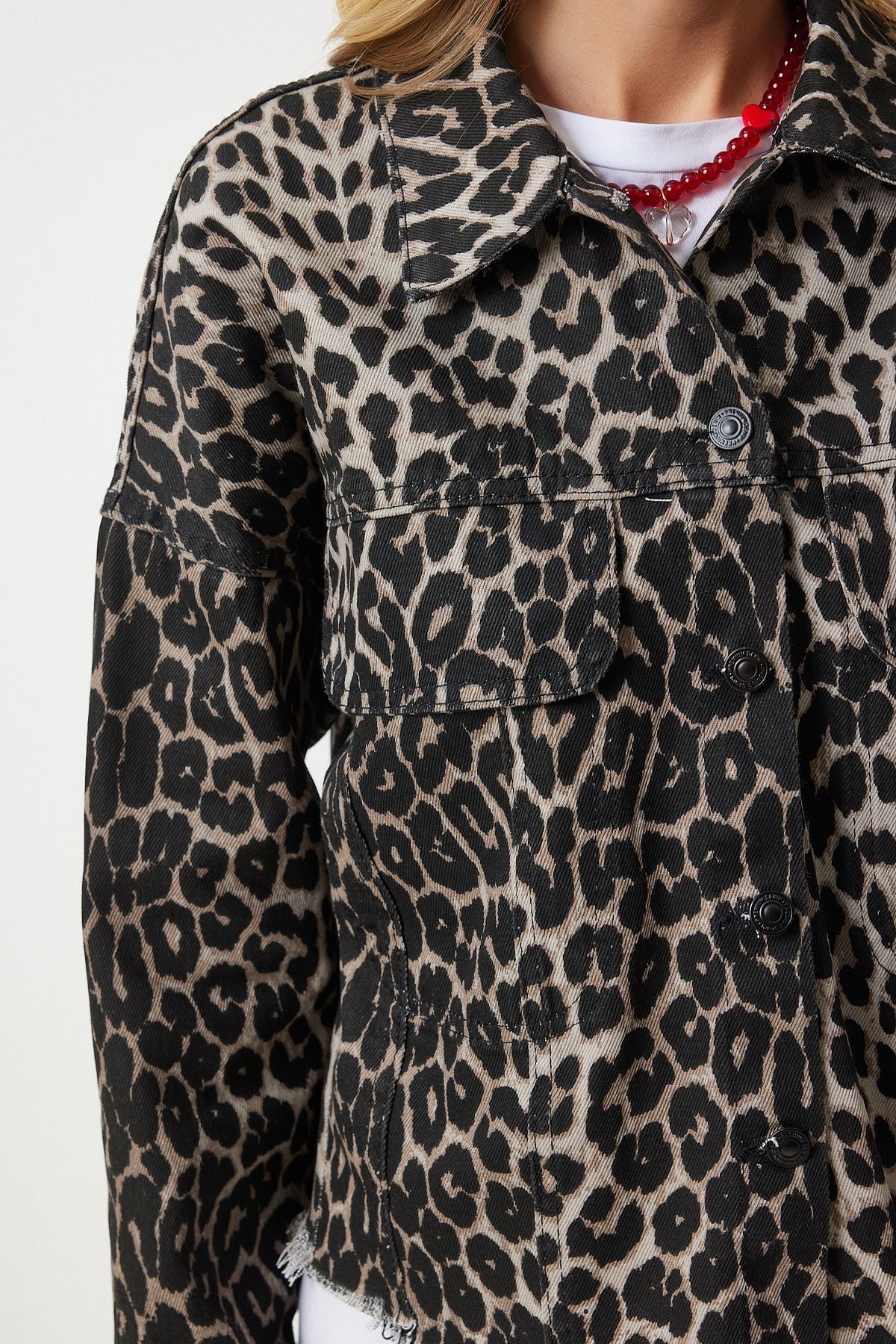 Woman Dark Beige Black Leopard Patterned Denim Jacket VC00007