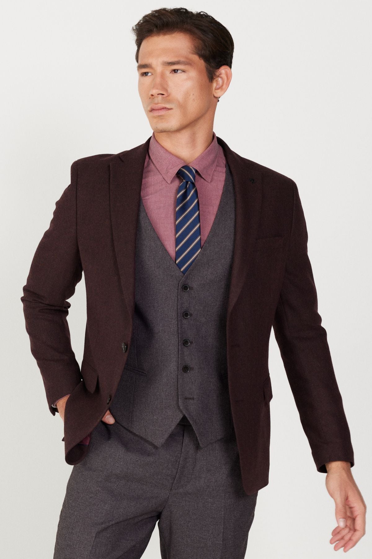 Men's burgundy-gray slim fit narrow cut Mono collar patterned vest suit suits