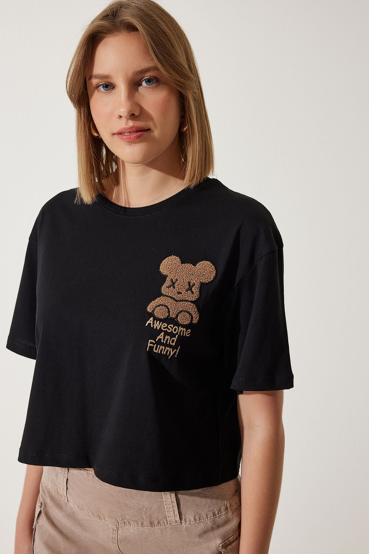 WOMEN BLACK TENIC CALL CROP knitting T-shirt HF00455