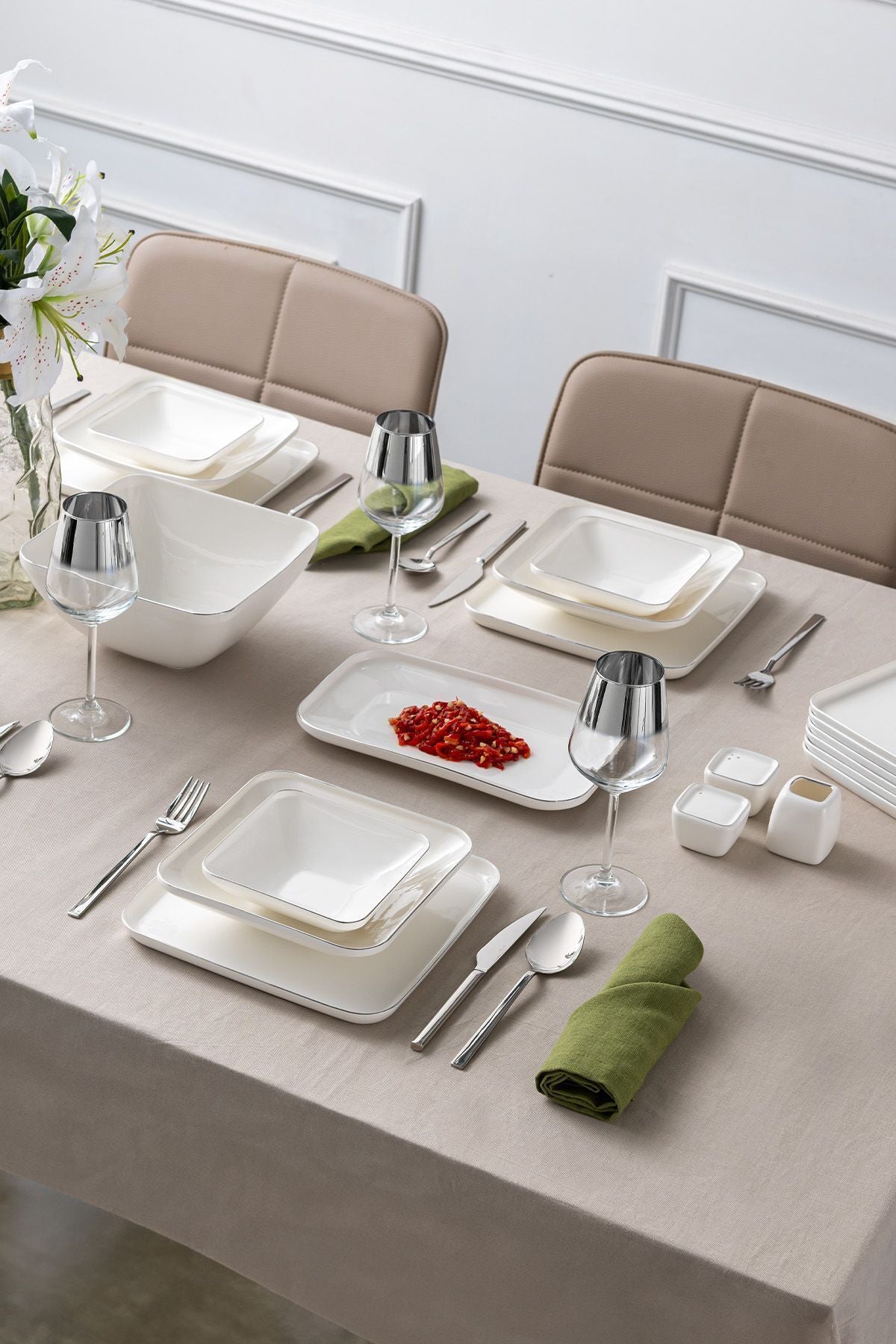 Nadide 29 Piece 6 Person Square Dinner Set Platinum