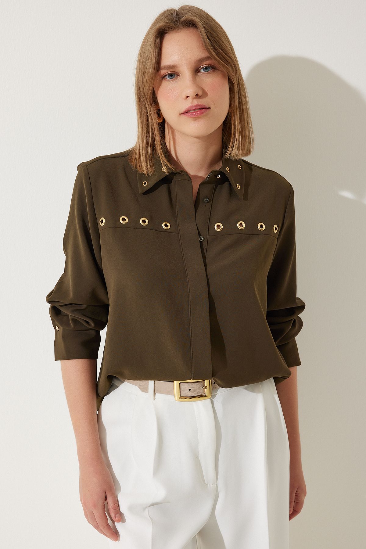 Woman Dark Khaki Bird Eye detailed weaving shirt HK00037