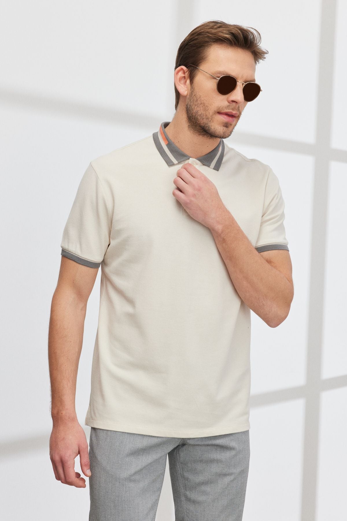 Men's Beige Slim Fit Narrow Cutting 100 %Cotton Curiated Polo Yaka T -shirt
