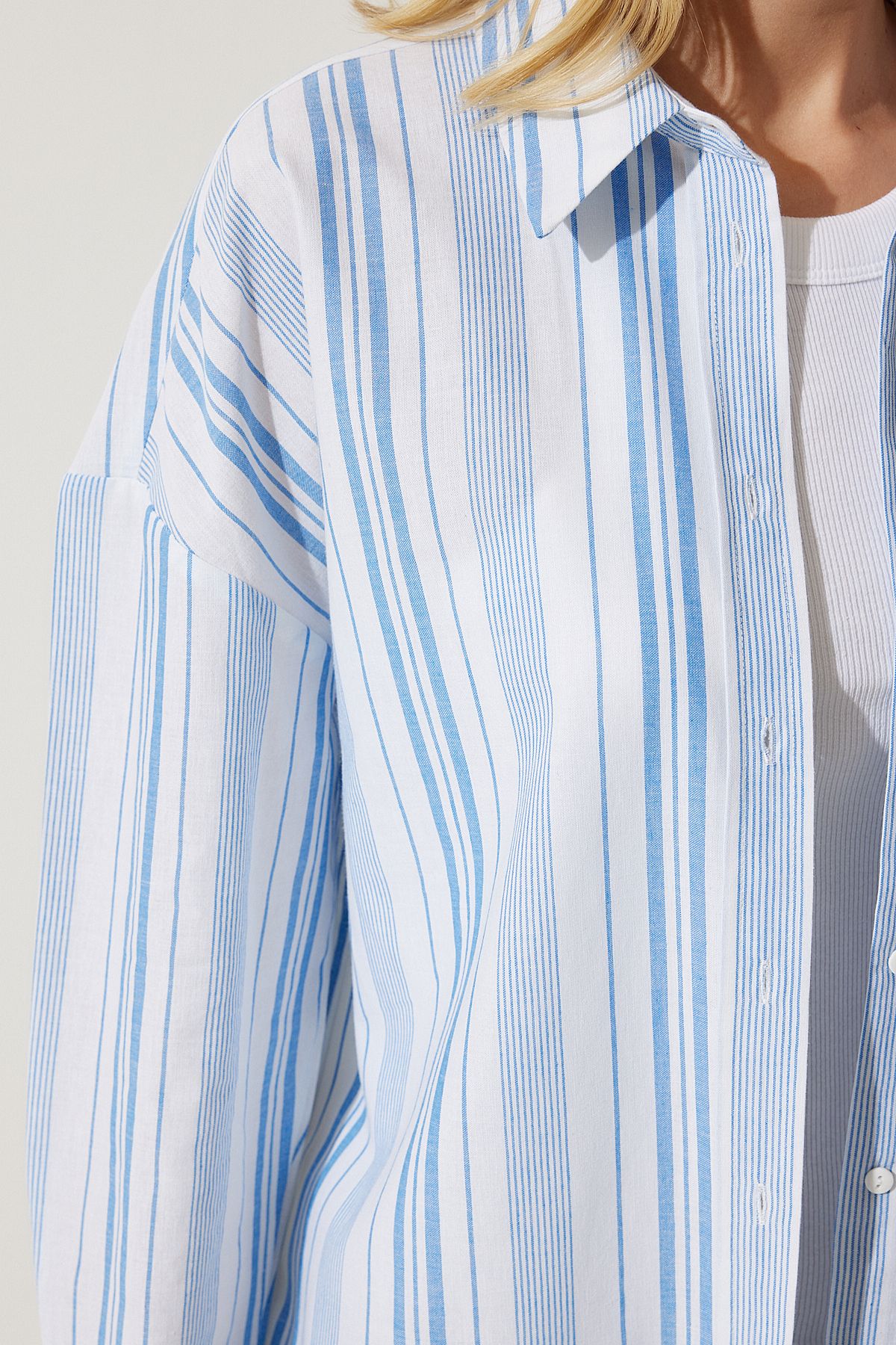 Woman White Blue Striped Cotton Oversize Shirt HK00034
