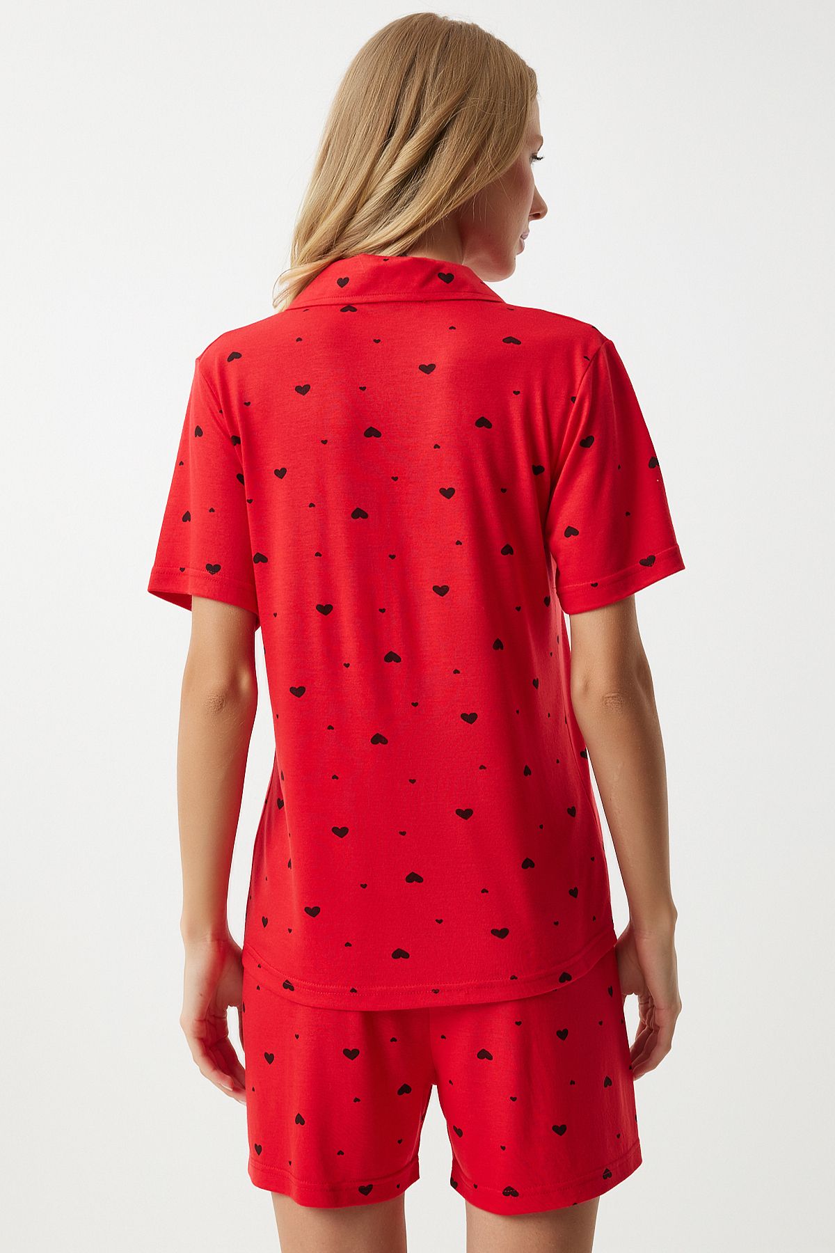 Female red -hearted viscose short shirt pajama set EC00035