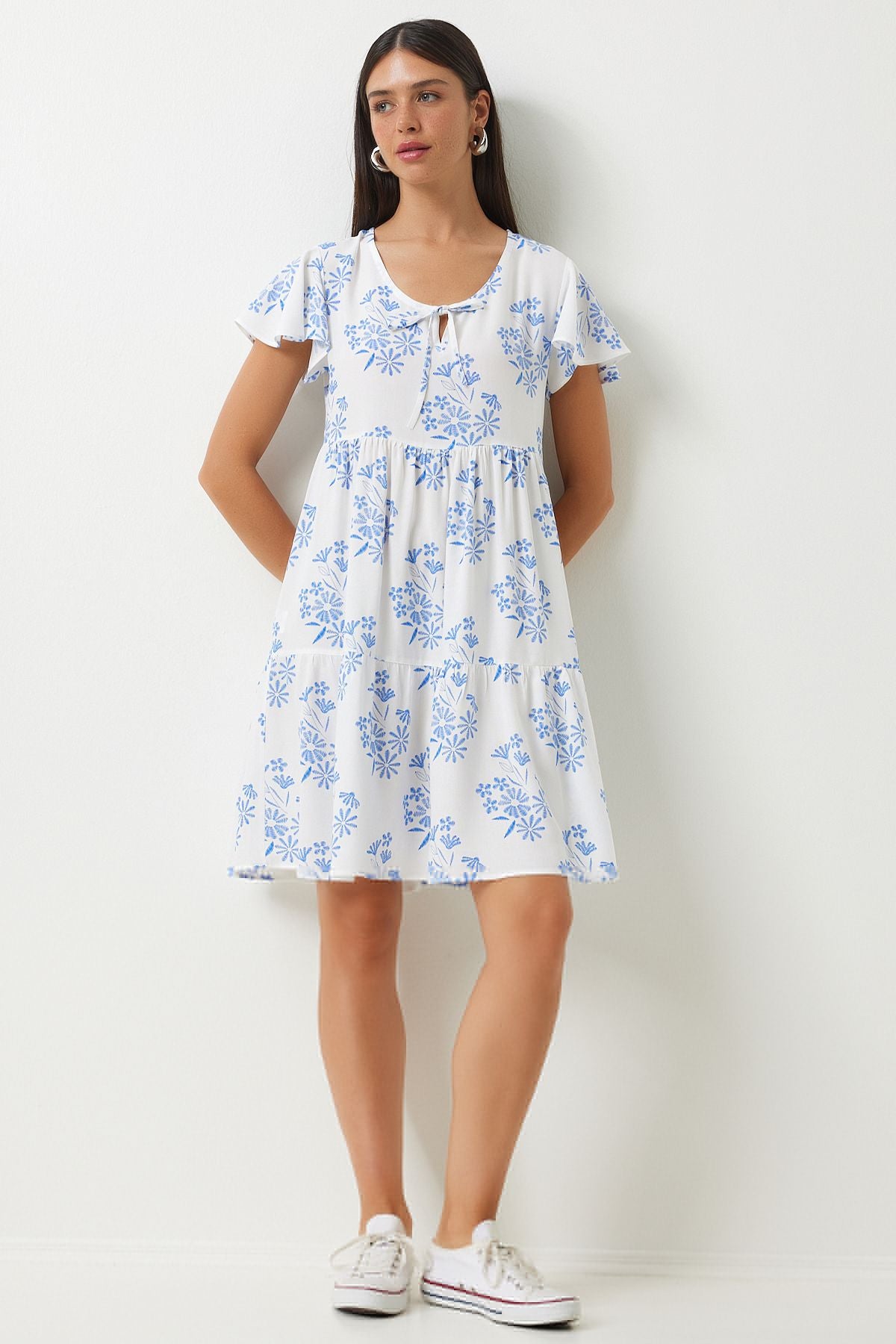 Woman White Blue Flower Summer Viscose Dress DD01330