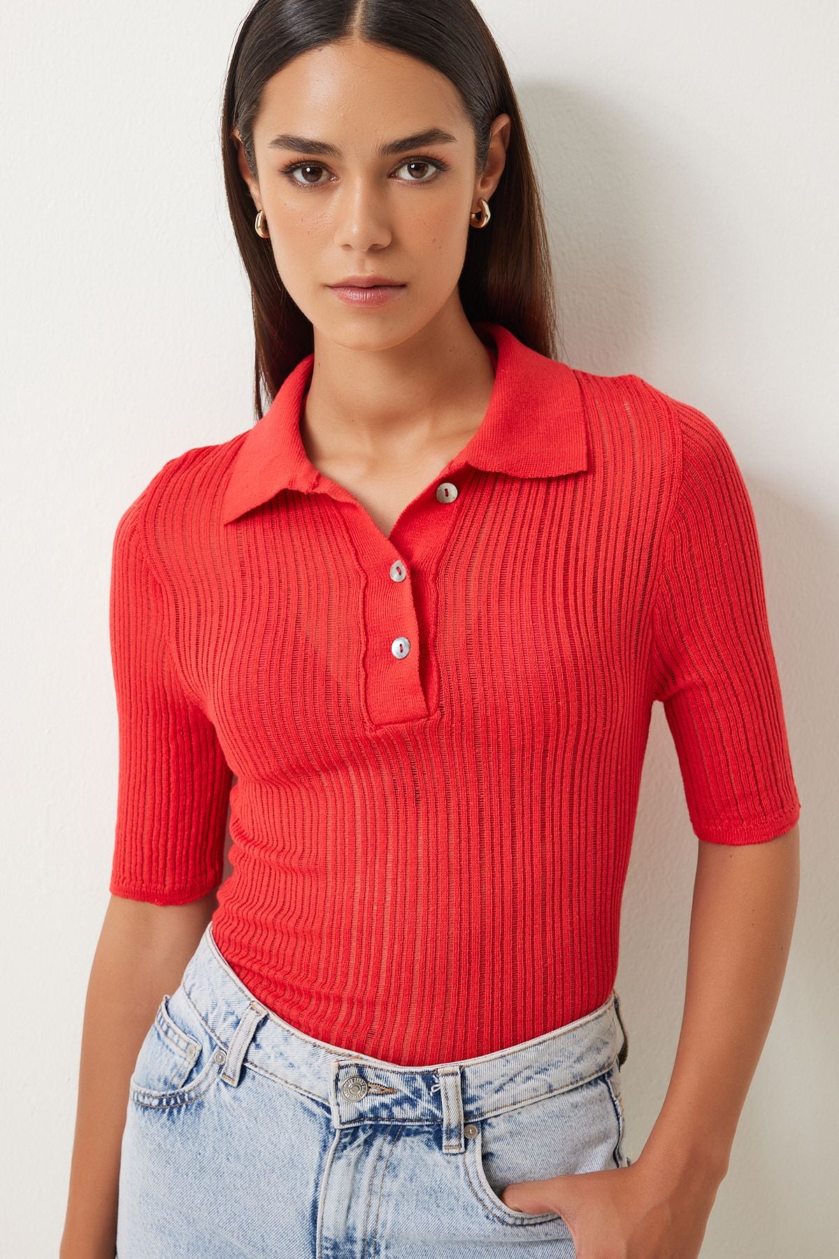 Woman Red Polo Yaka Light Transparent Triko Blouse FN03211