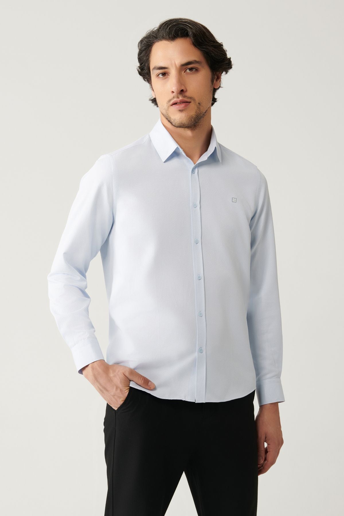 Men's blue easy ironable cotton mixed shirt A41y2237