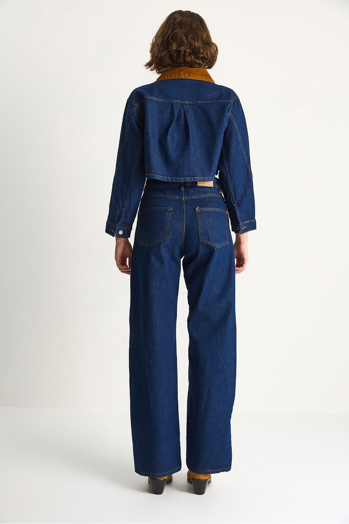 Women's Velvet Collar Jacket Color Block Wide Leg Trousers Denim Suit 6087 60283532