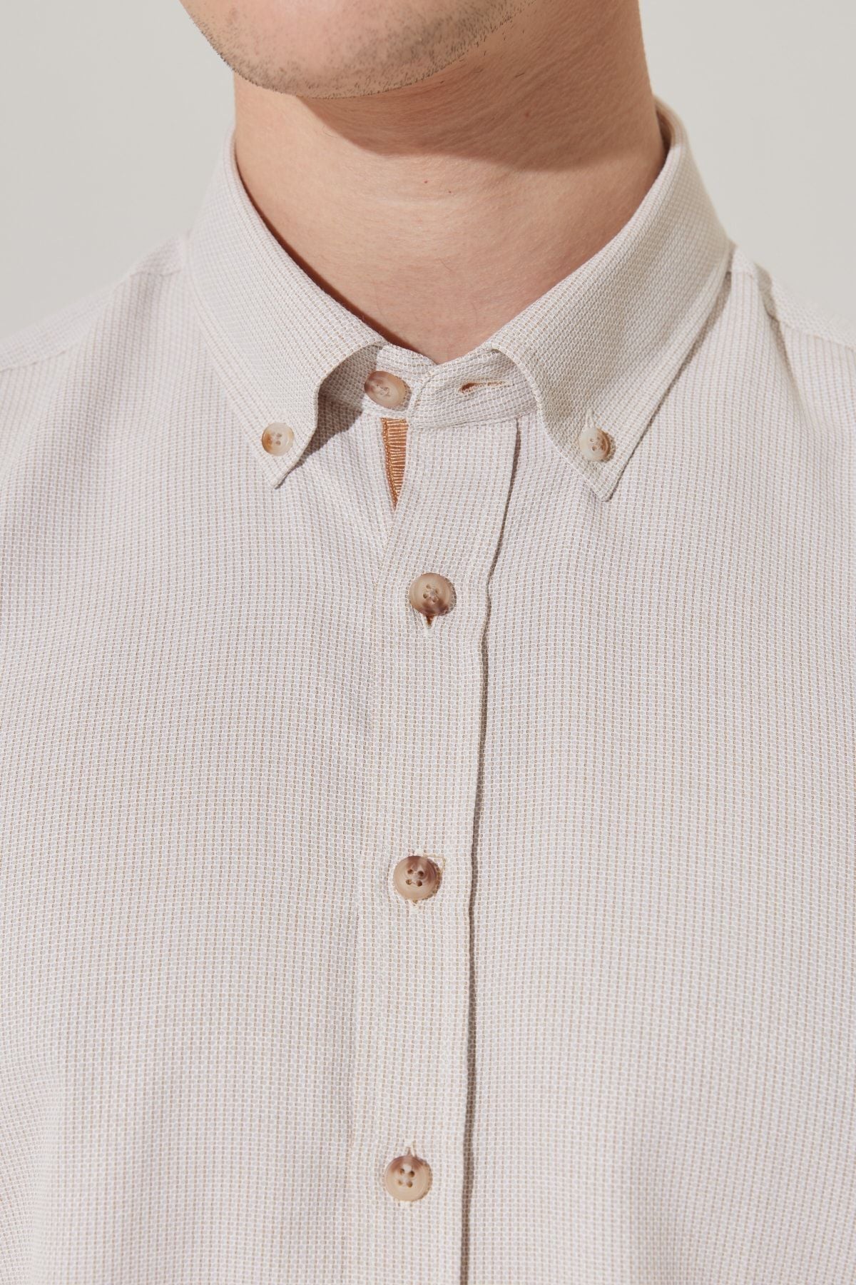 Men's Beige Slim Fit Narrow Cutting Buttoned Cotton Cotton Amelor Shirt