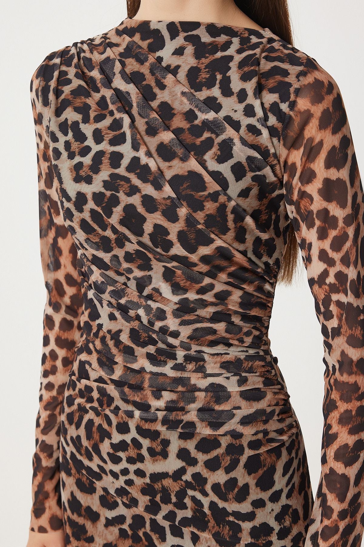 Female Brown Beige Leopard Patterned Patterned Shirred Tulle Dress DK00172