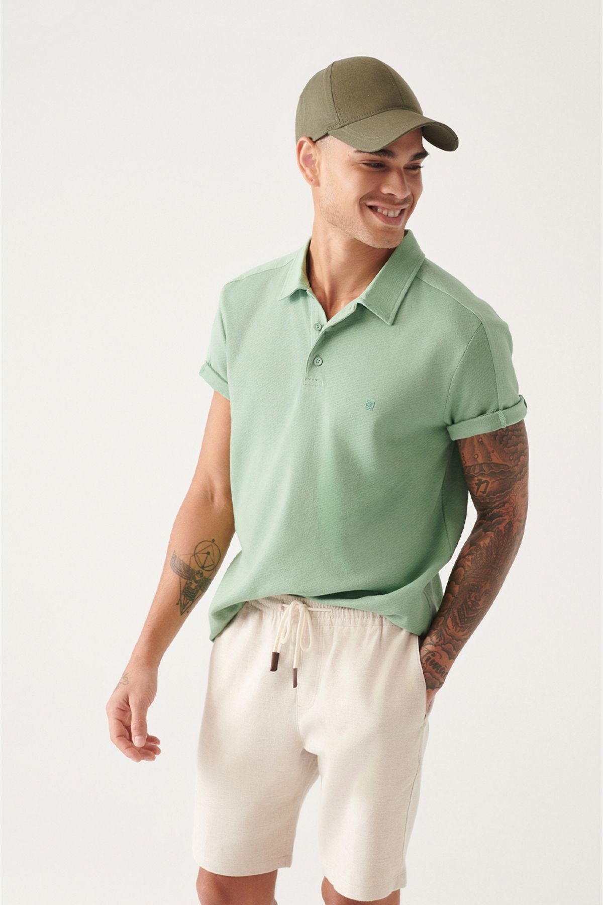 Men's Water Green 100 %Cotton Polo Yaka T-shirt A31y1021