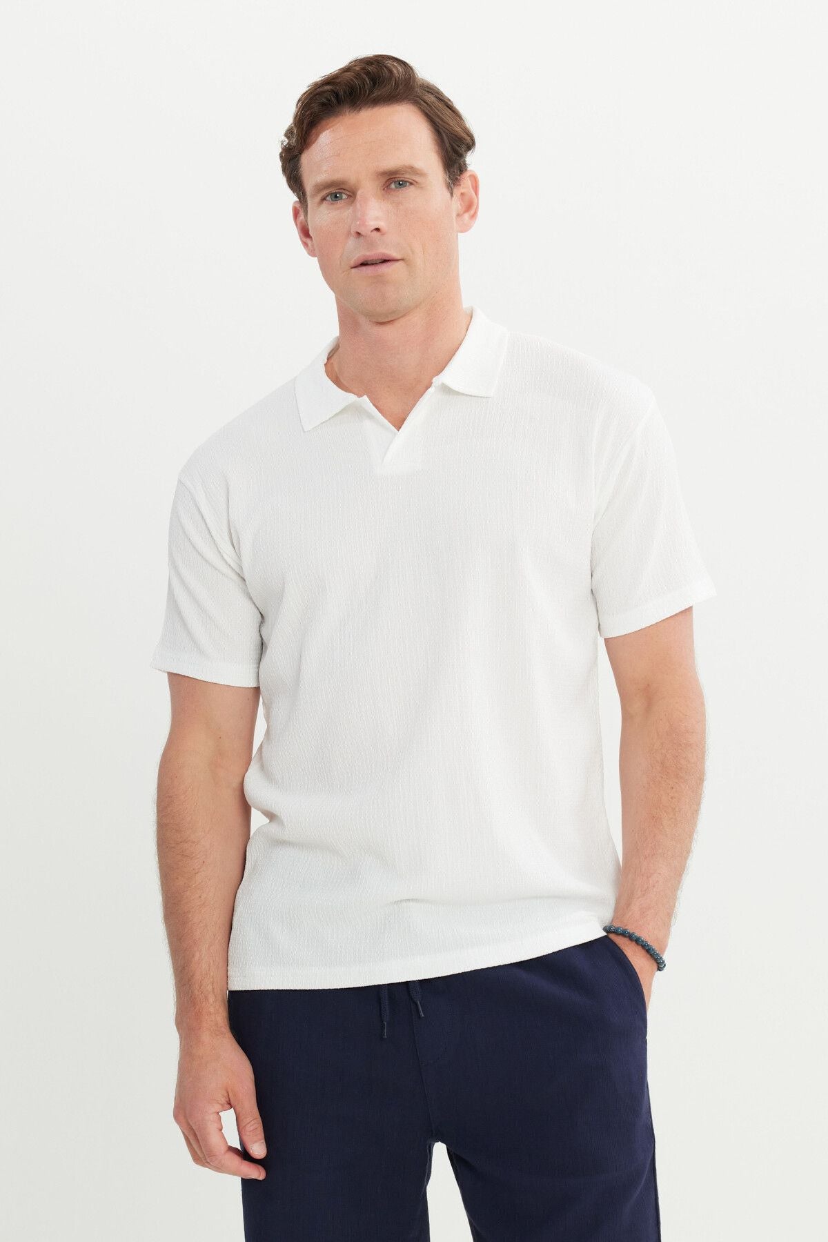 Men's ecru relax fit comfortable cut Polo Yaka T -shirt