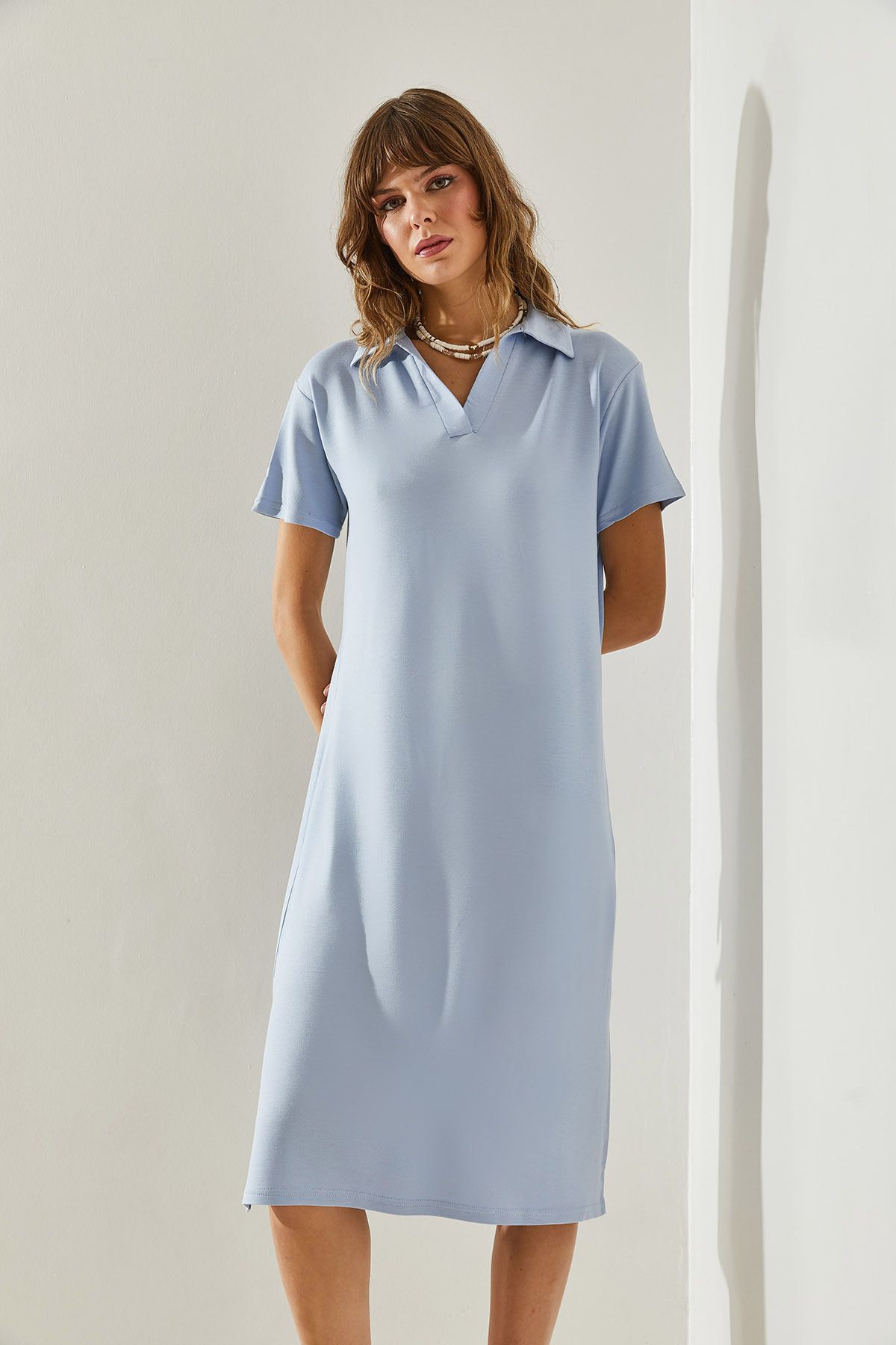 Women's Short Sleeve Neck Detail Slit Basic 5621 Dress 60251367
