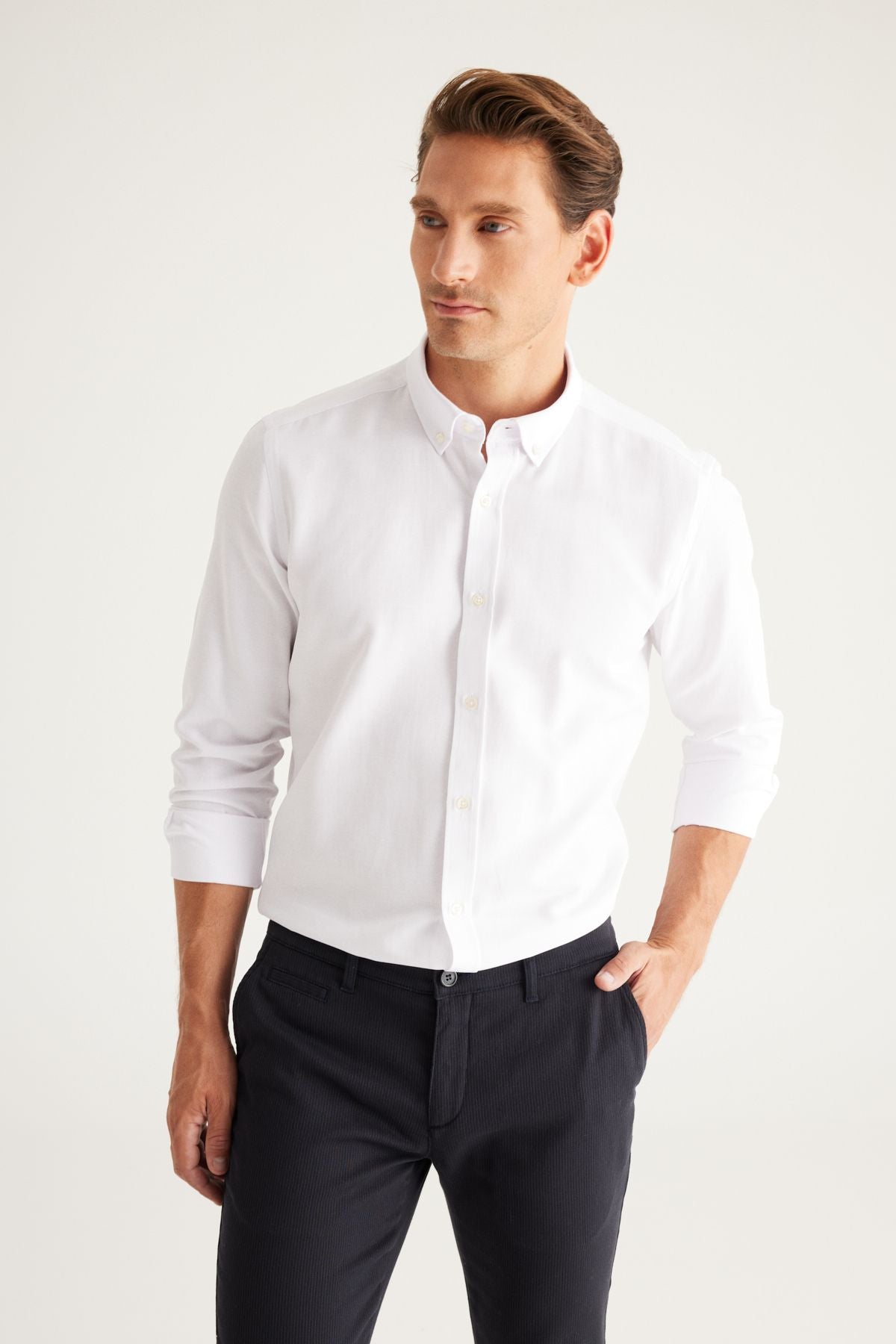 Male Oxford White button collar easy to ironing cotton slim fit narrow cut shirt